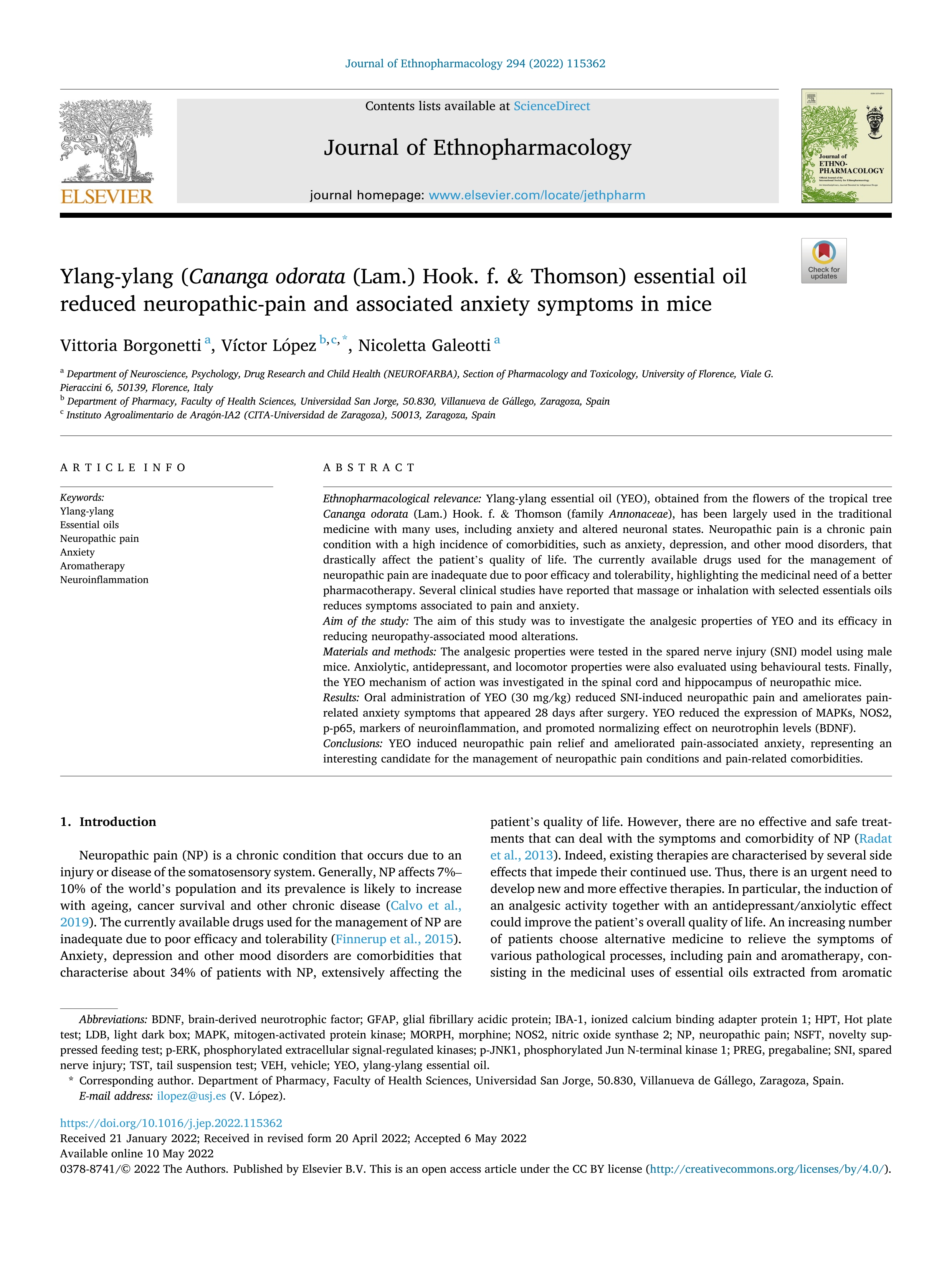 Ylang-ylang (Cananga odorata (Lam.) Hook. f. & Thomson) essential oil reduced neuropathic-pain and associated anxiety symptoms in mice