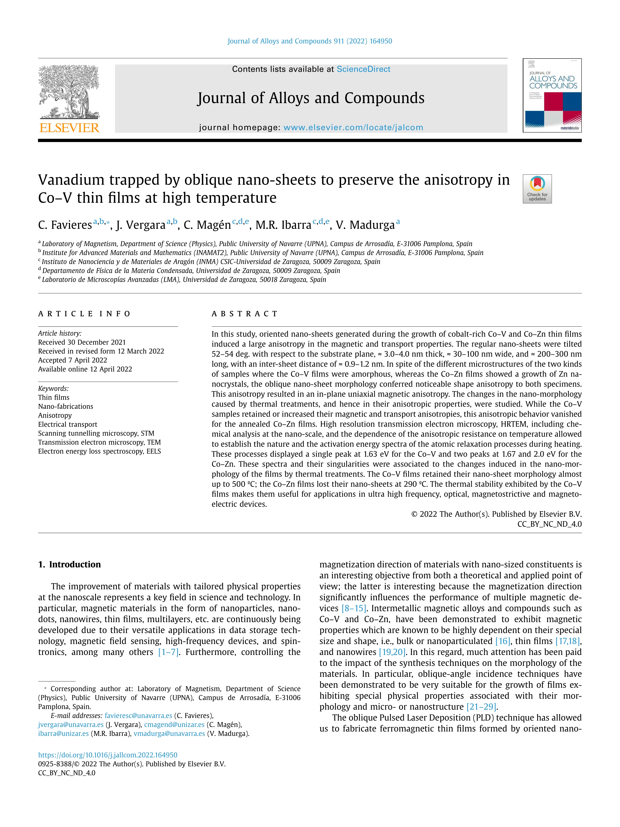 Vanadium trapped by oblique nano-sheets to preserve the anisotropy in Co–V thin films at high temperature