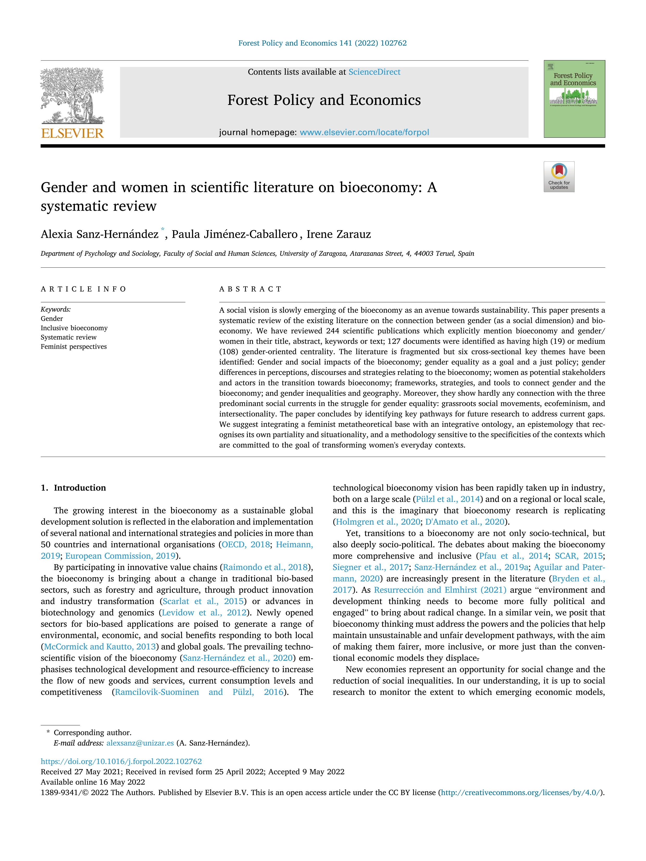 Gender and women in scientific literature on bioeconomy: A systematic review