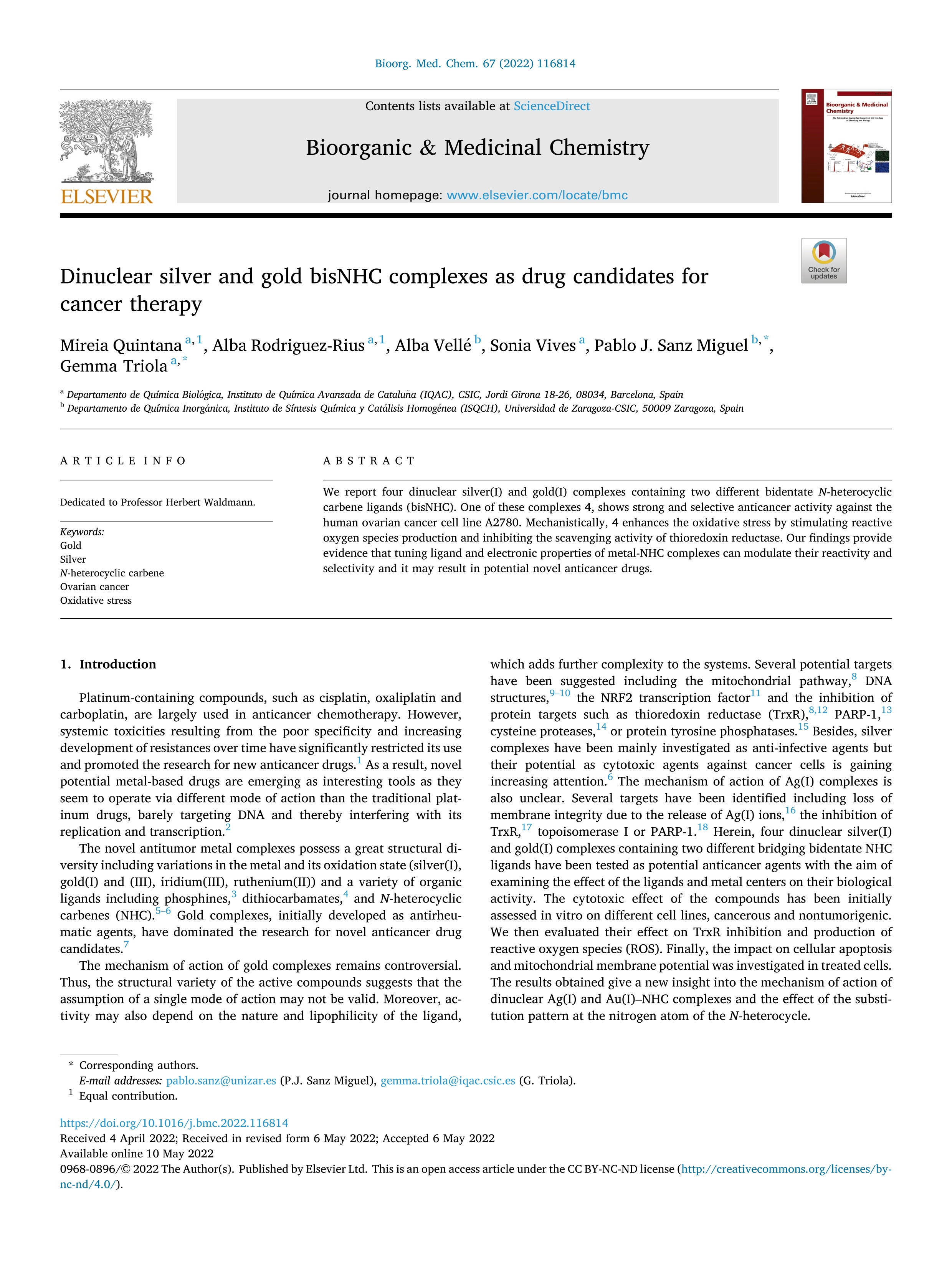 Dinuclear silver and gold bisNHC complexes as drug candidates for cancer therapy
