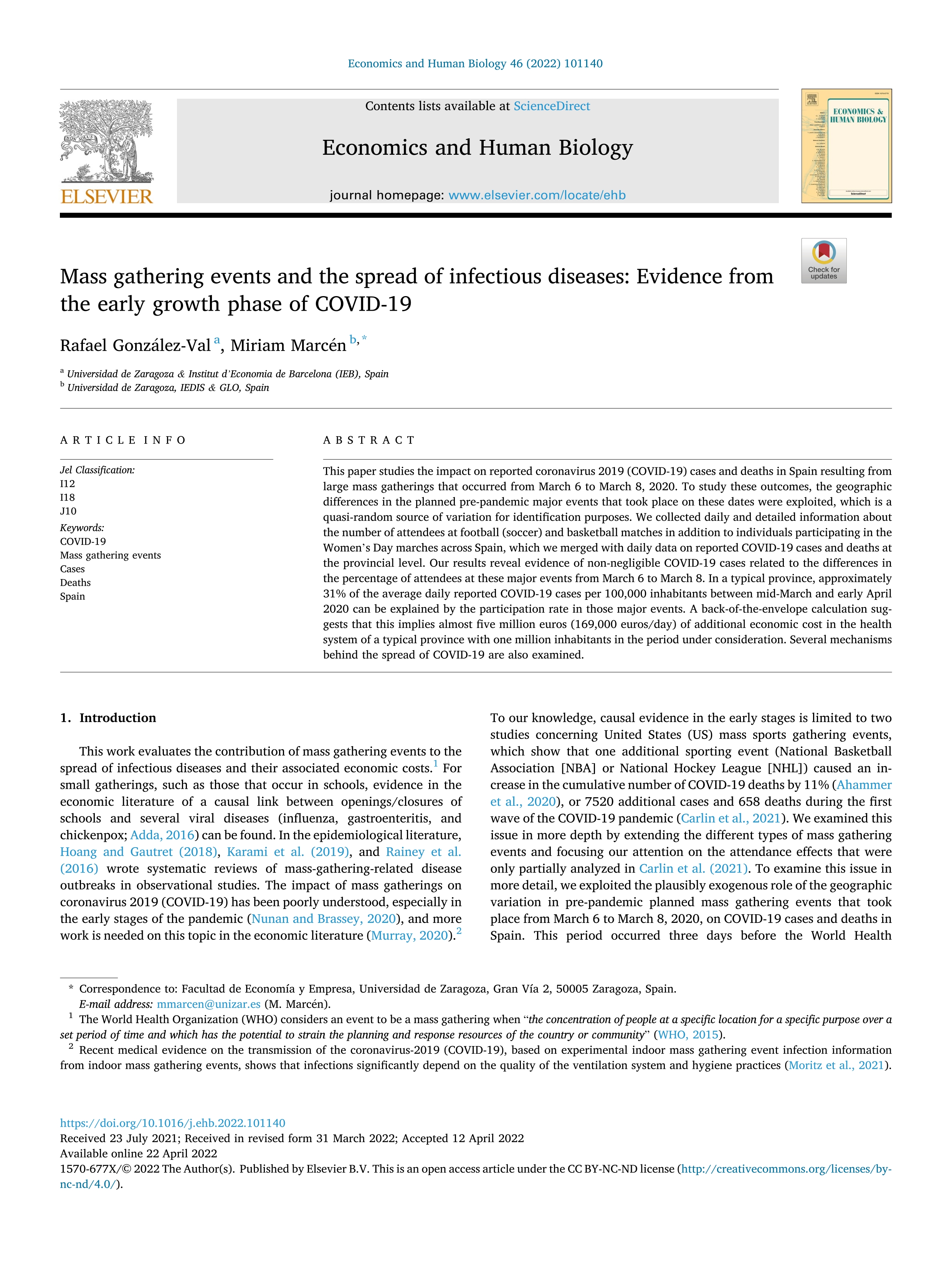 Mass gathering events and the spread of infectious diseases: Evidence from the early growth phase of COVID-19