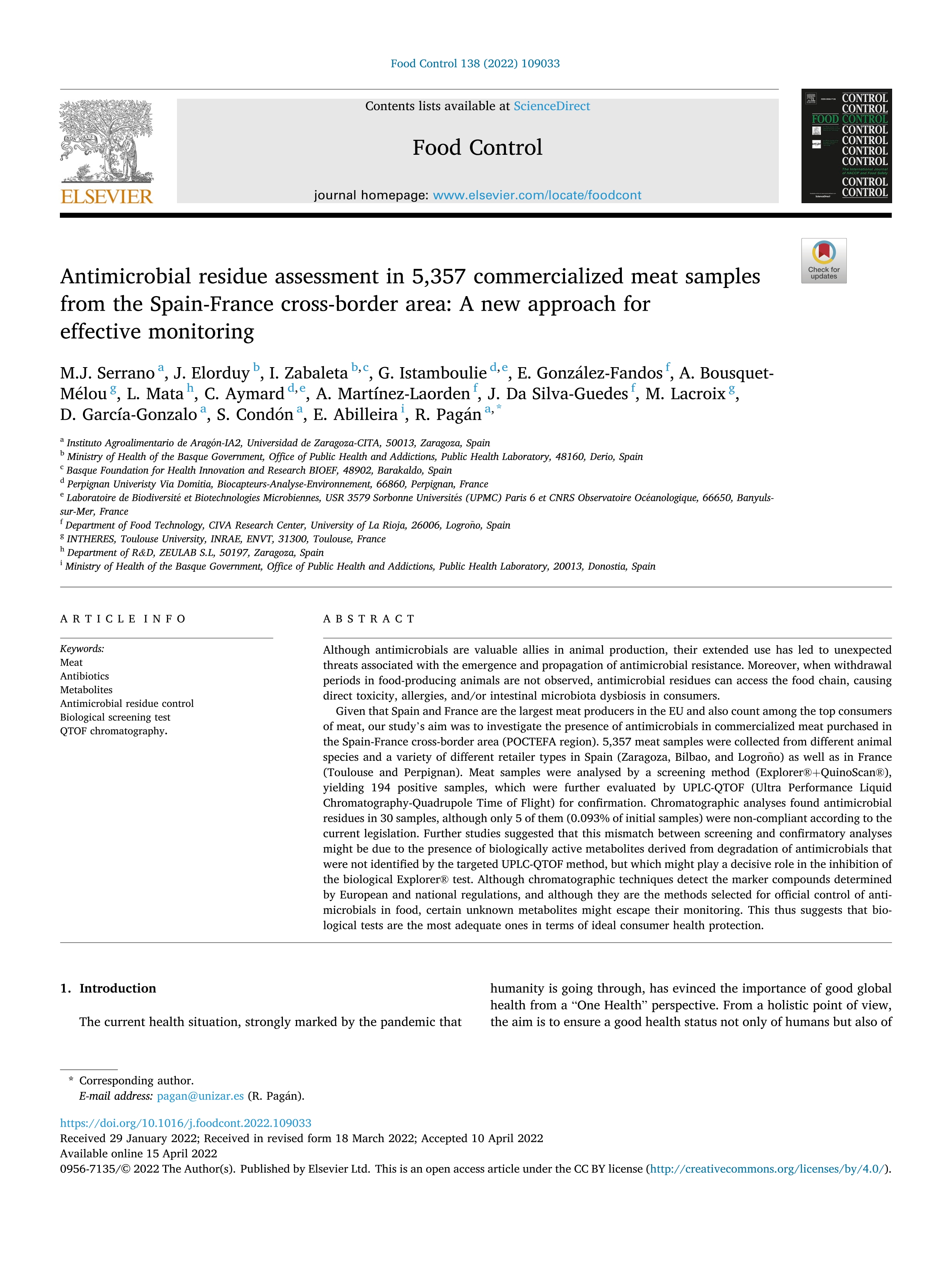 Antimicrobial residue assessment in 5, 357 commercialized meat samples from the Spain-France cross-border area: A new approach for effective monitoring