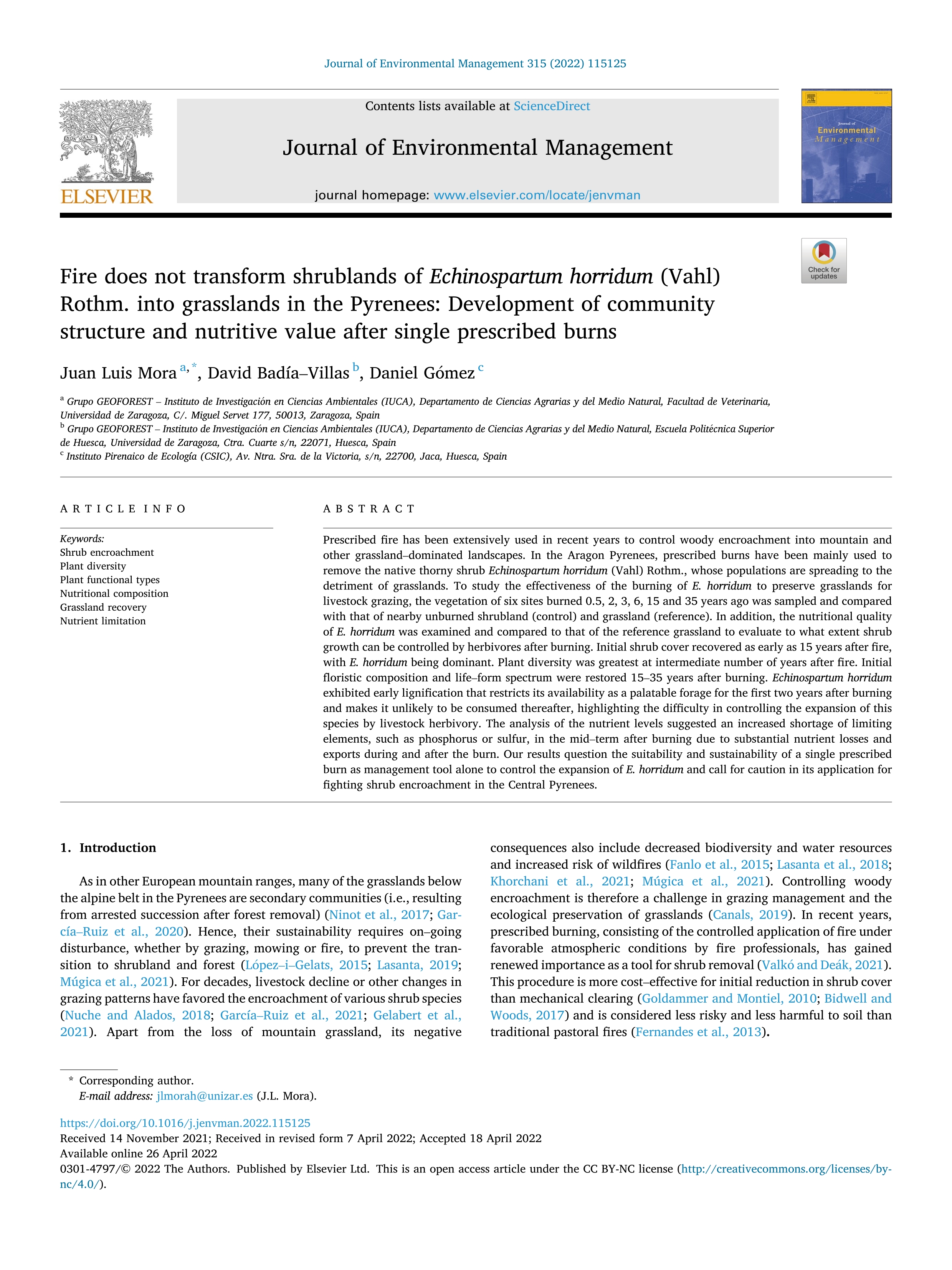 Fire does not transform shrublands of Echinospartum horridum (Vahl) Rothm. into grasslands in the Pyrenees: Development of community structure and nutritive value after single prescribed burns