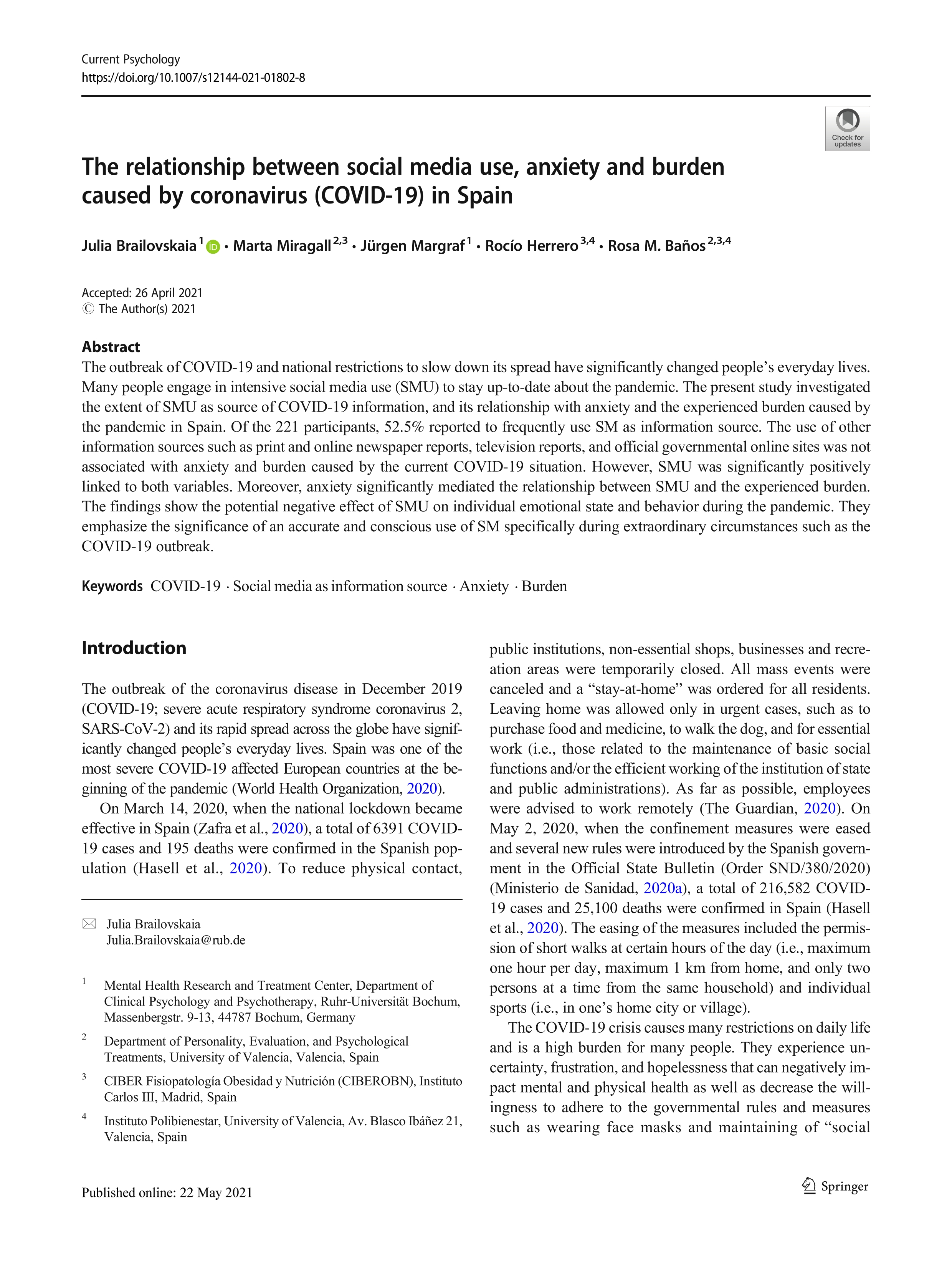 The relationship between social media use, anxiety and burden caused by coronavirus (COVID-19) in Spain
