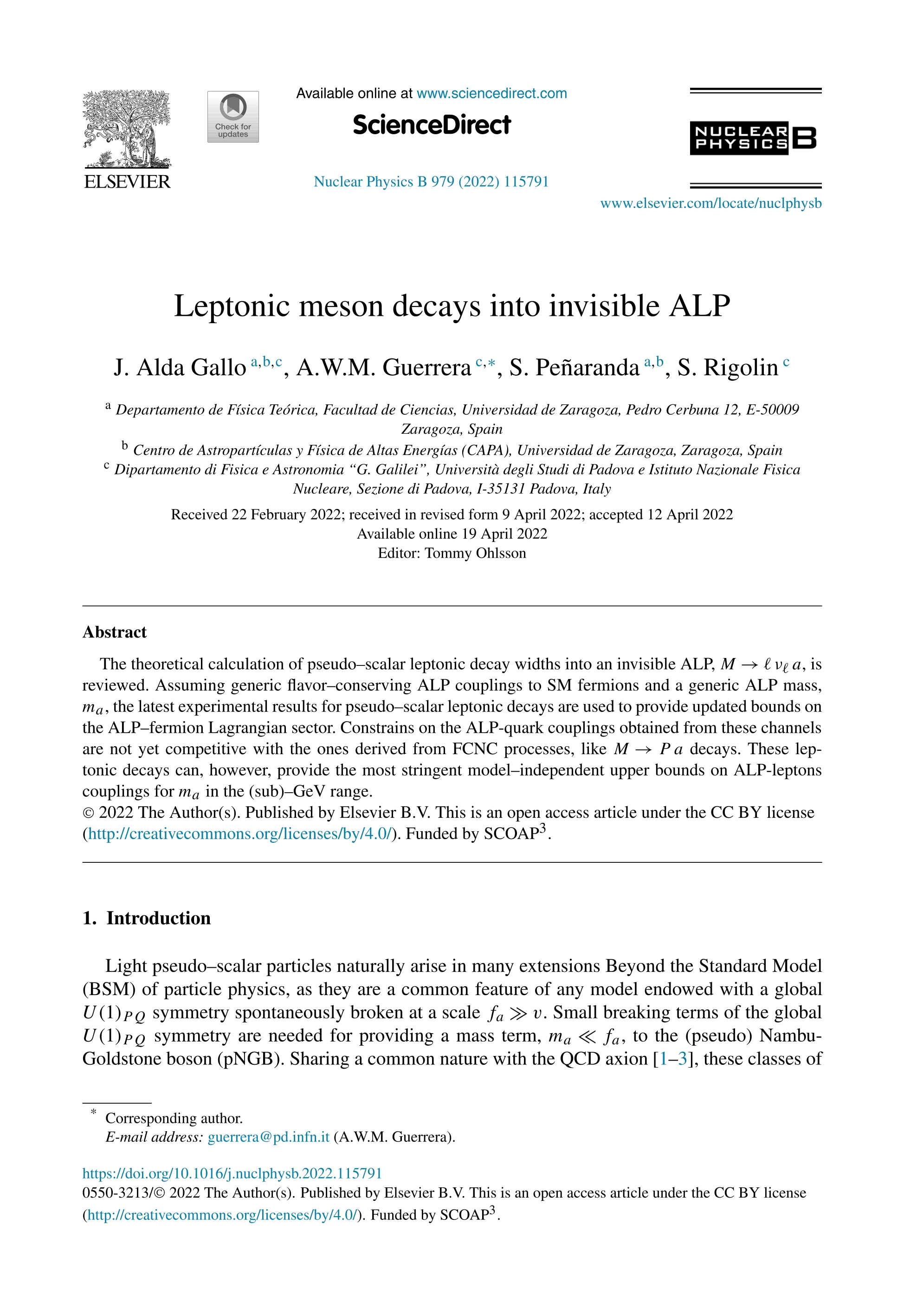 Leptonic meson decays into invisible ALP
