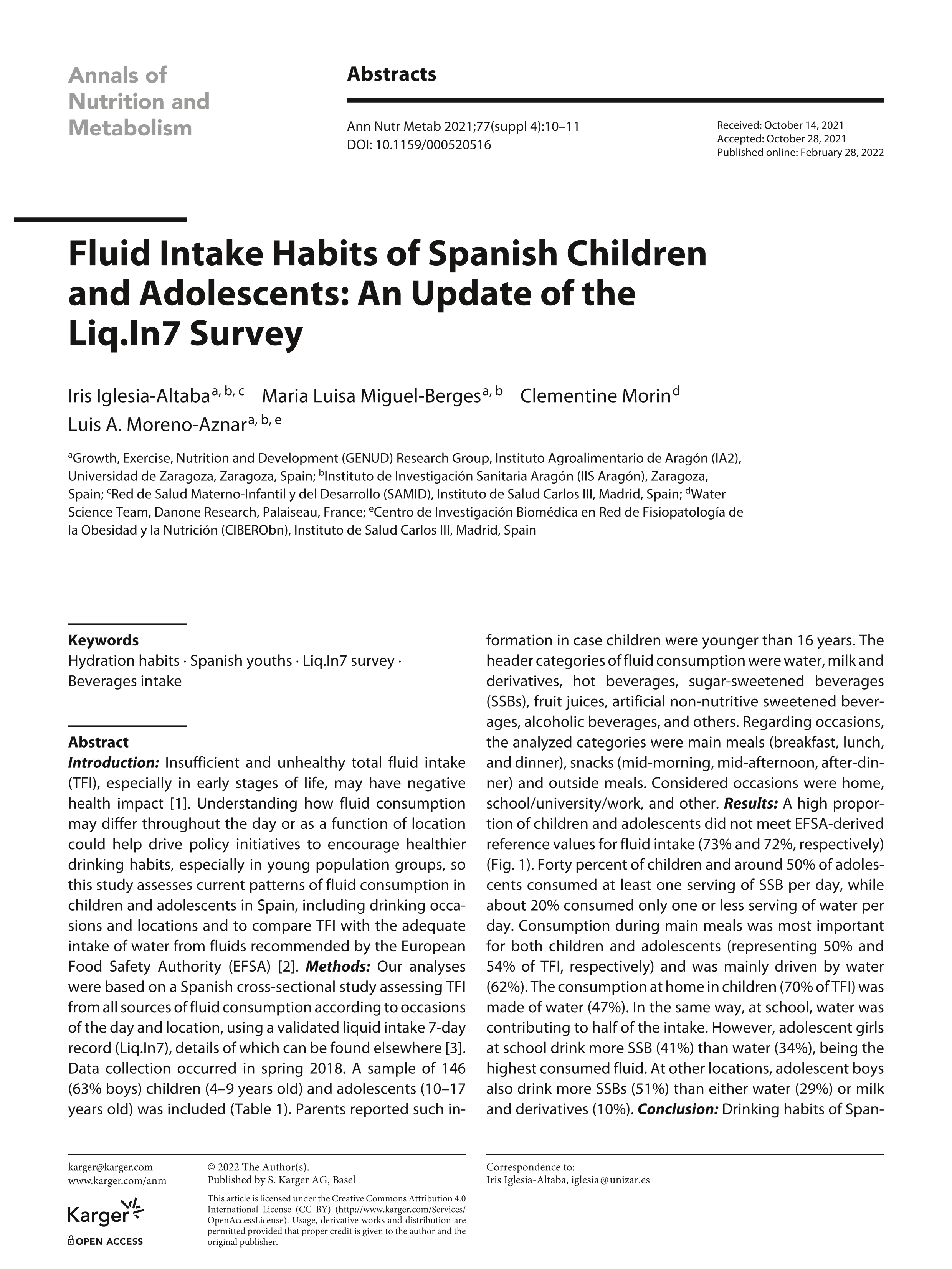 Fluid intake habits of spanish children and adolescents: an update of the Liq.In7 survey