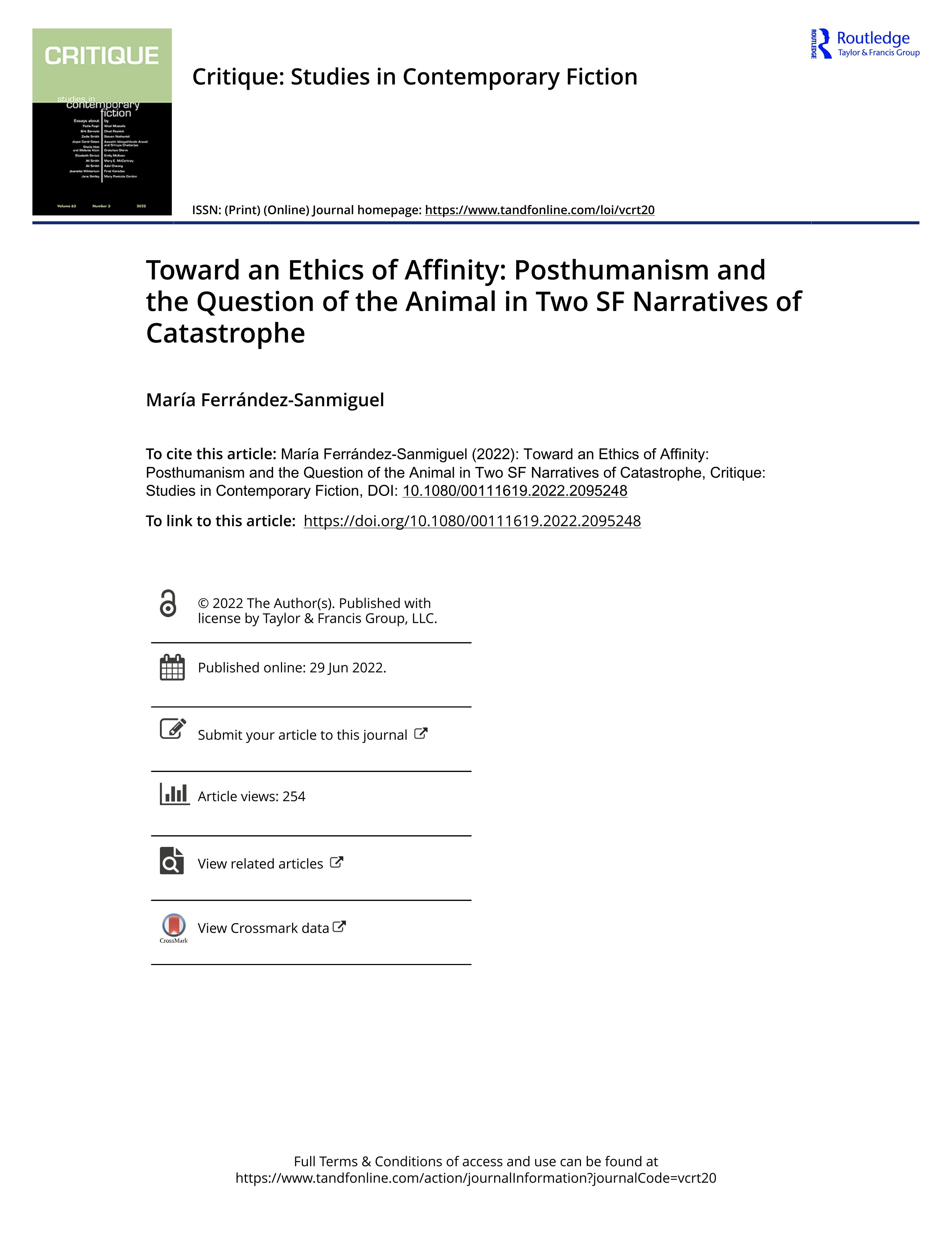 Toward an ethics of affinity: posthumanism and the question of the animal in two SF narratives of catastrophe