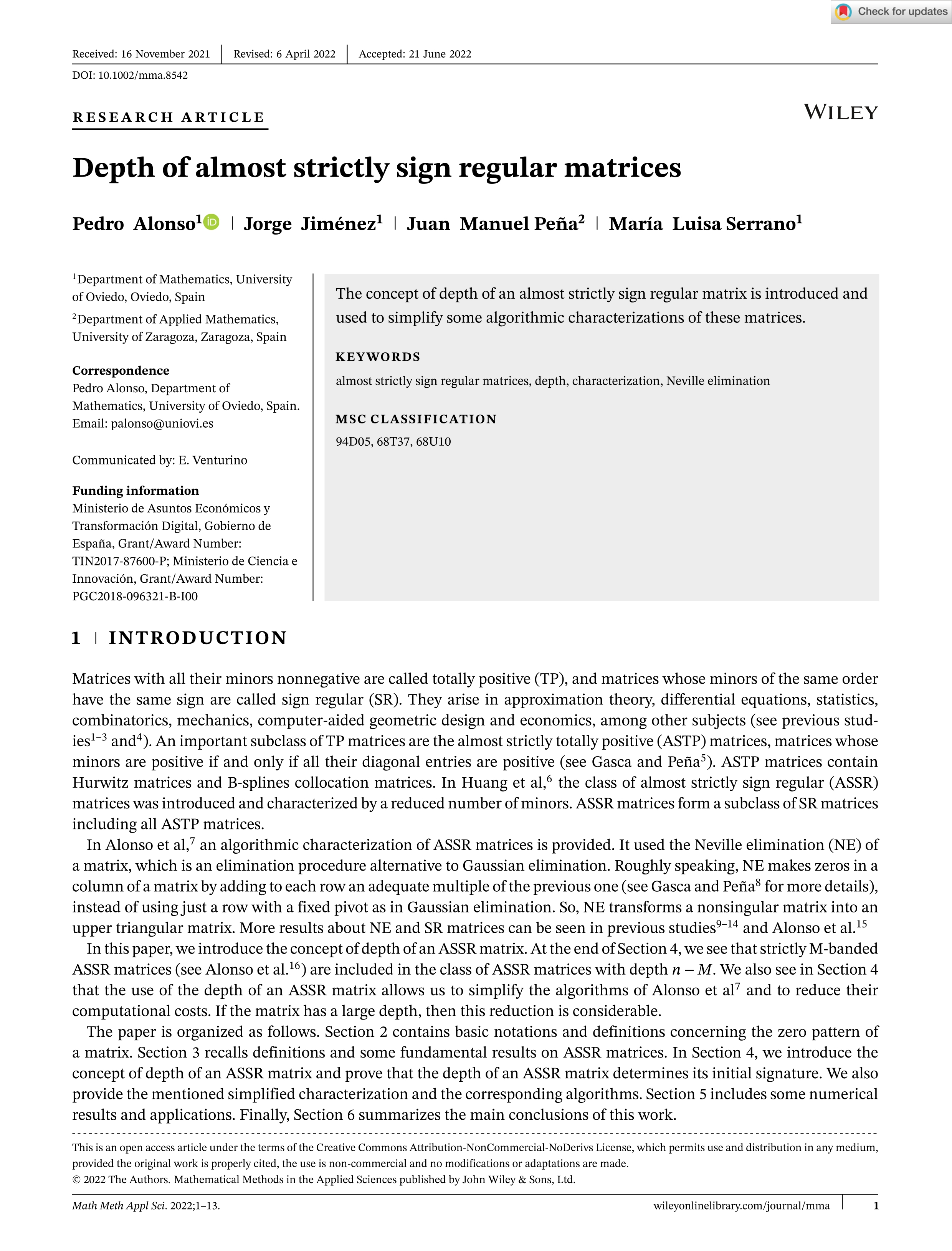 Depth of almost strictly sign regular matrices