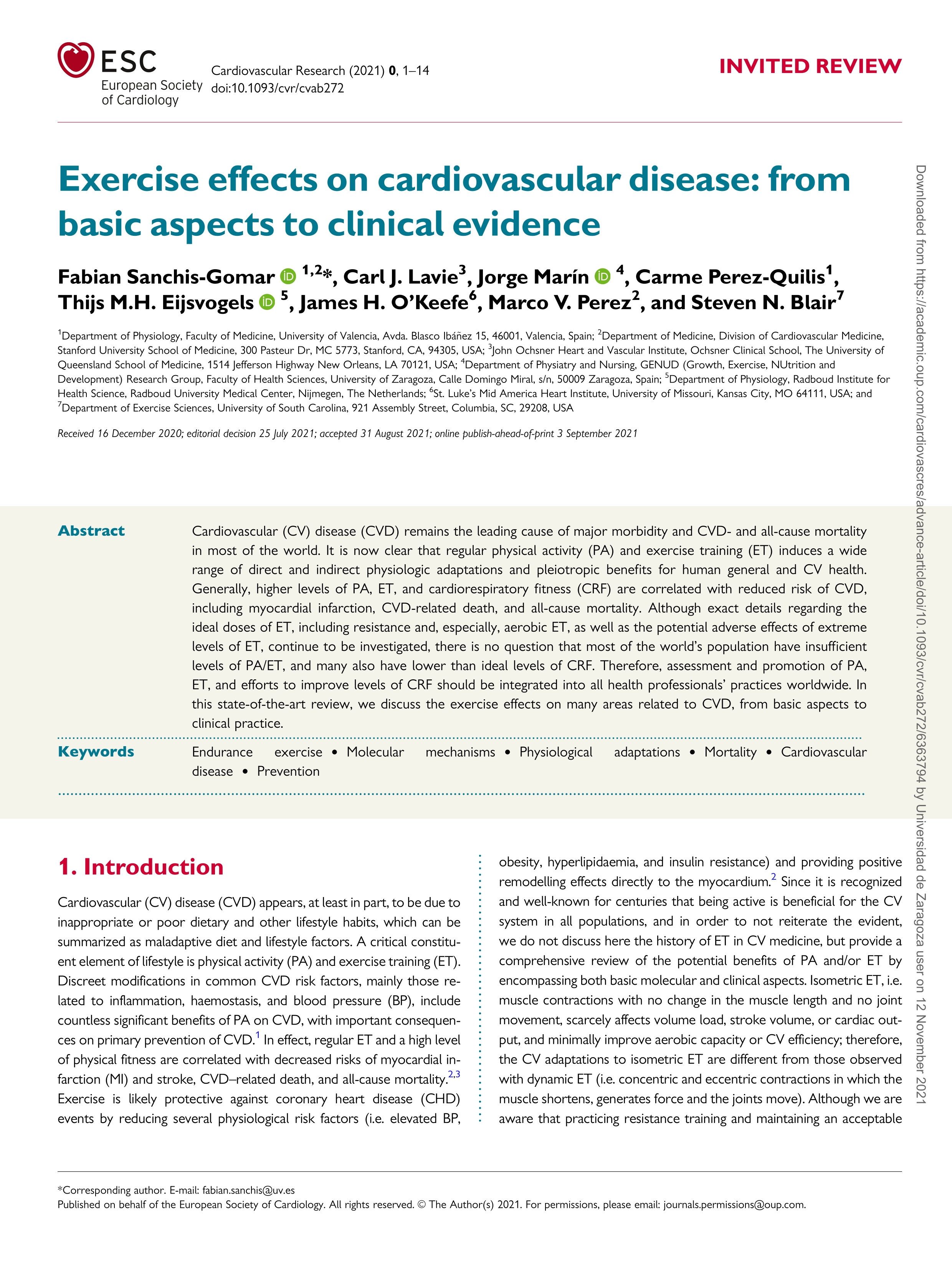 Exercise effects on cardiovascular disease: from basic aspects to clinical evidence