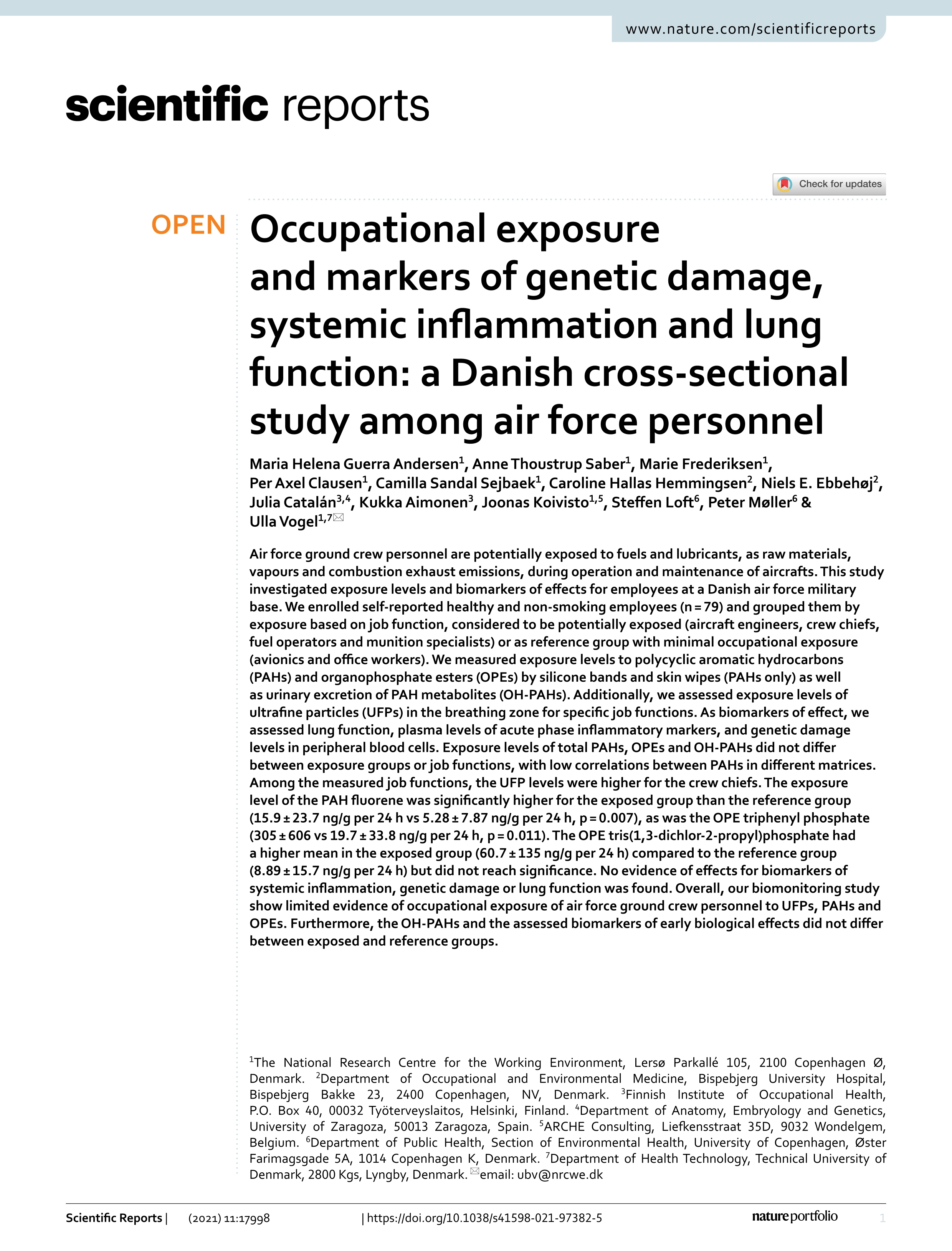 Occupational exposure and markers of genetic damage, systemic inflammation and lung function: a Danish cross-sectional study among air force personnel