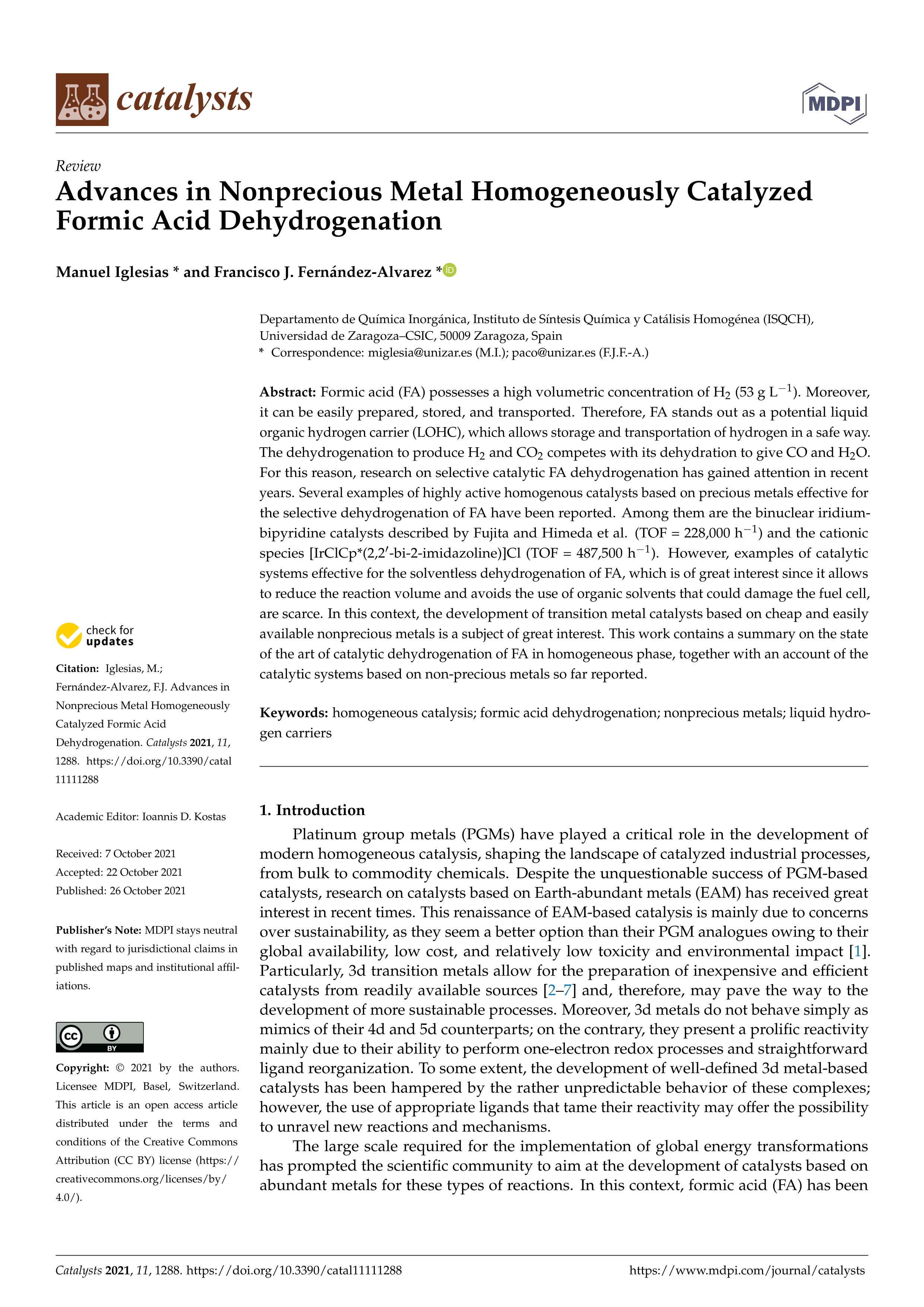 Advances in nonprecious metal homogeneously catalyzed formic acid dehydrogenation