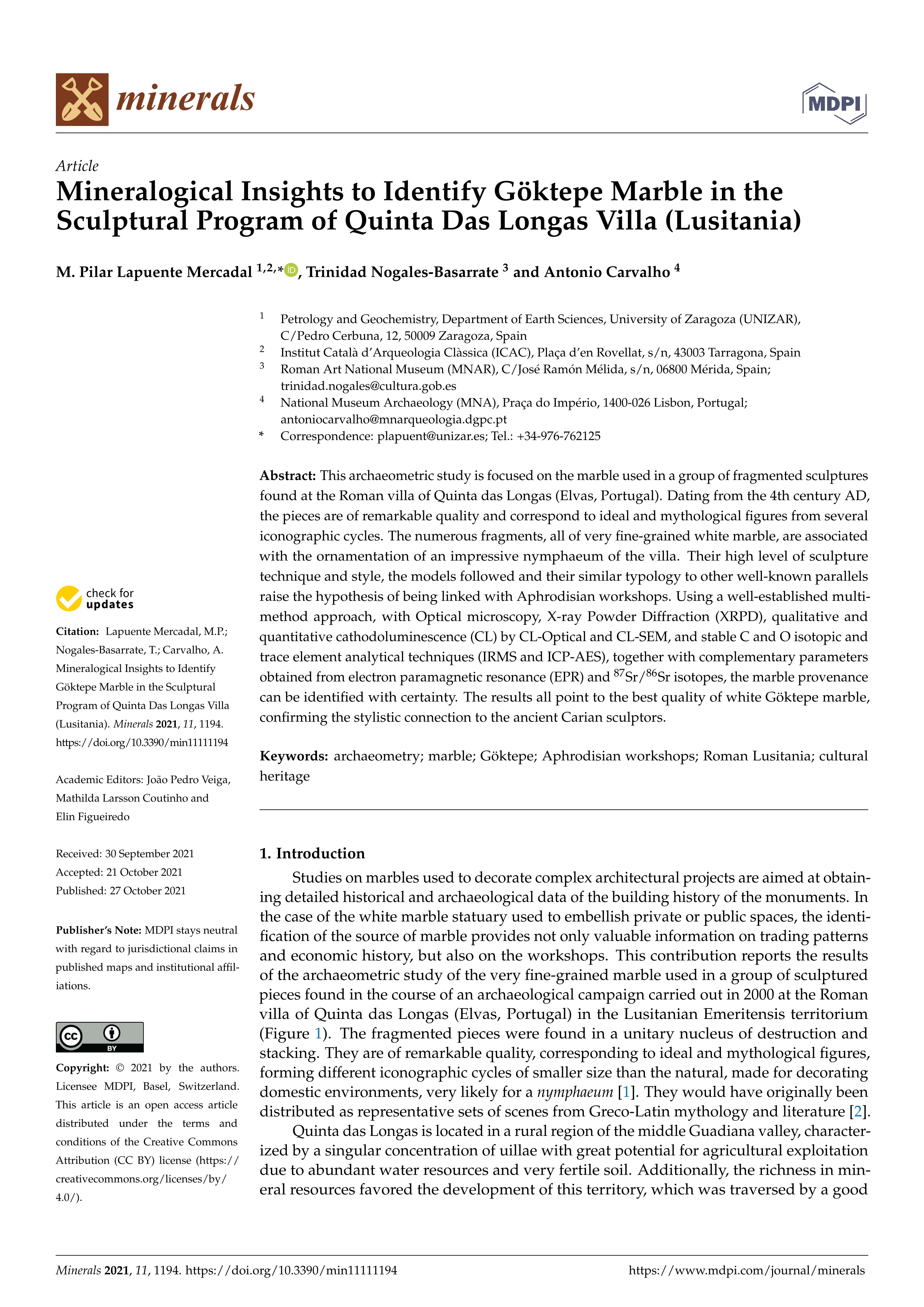 Mineralogical Insights to Identify Göktepe Marble in the Sculptural Program of Quinta Das Longas Villa (Lusitania)