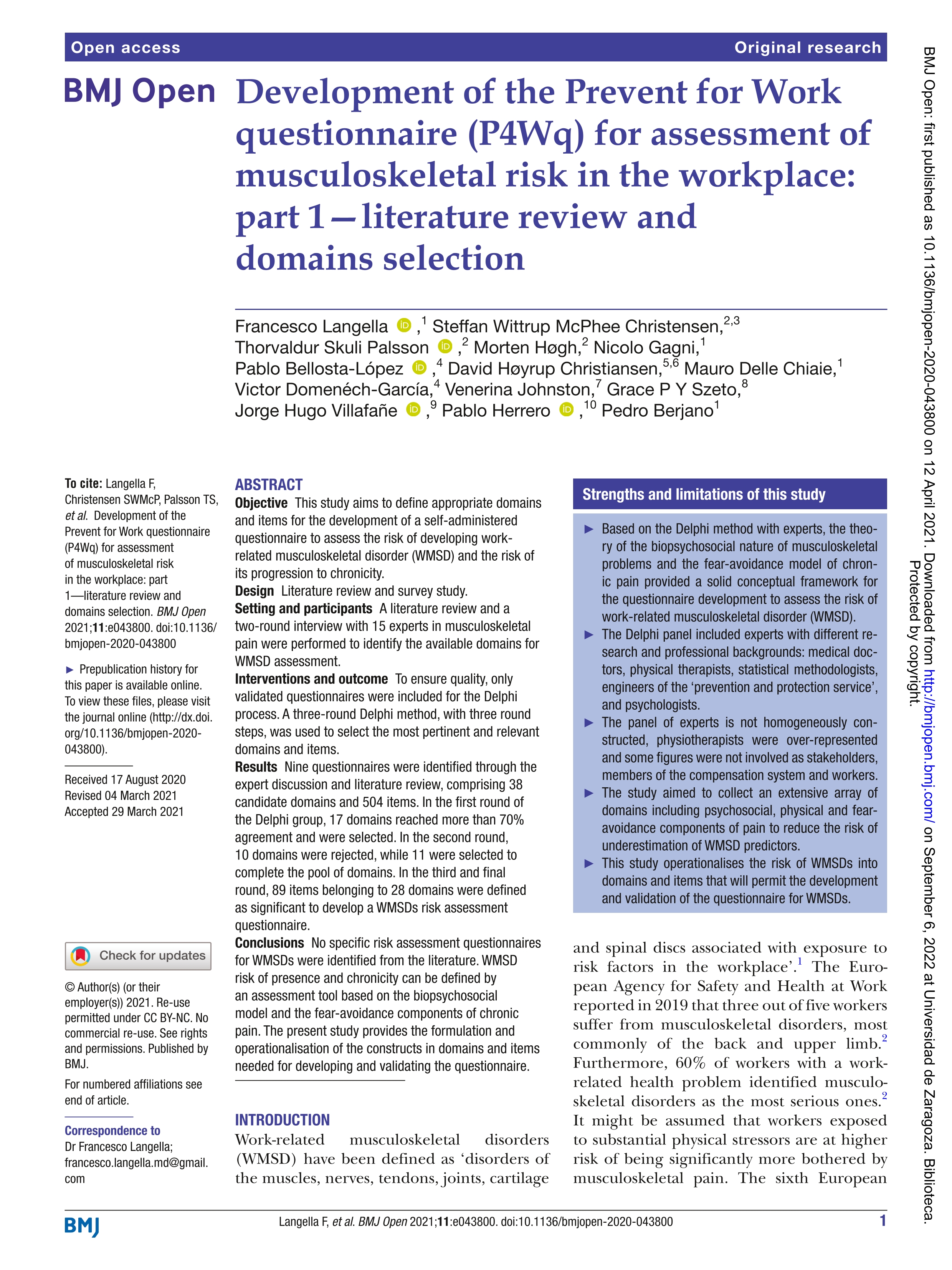Development of the Prevent for Work questionnaire (P4Wq) for assessment of musculoskeletal risk in the workplace: part 1-literature review and domains selection