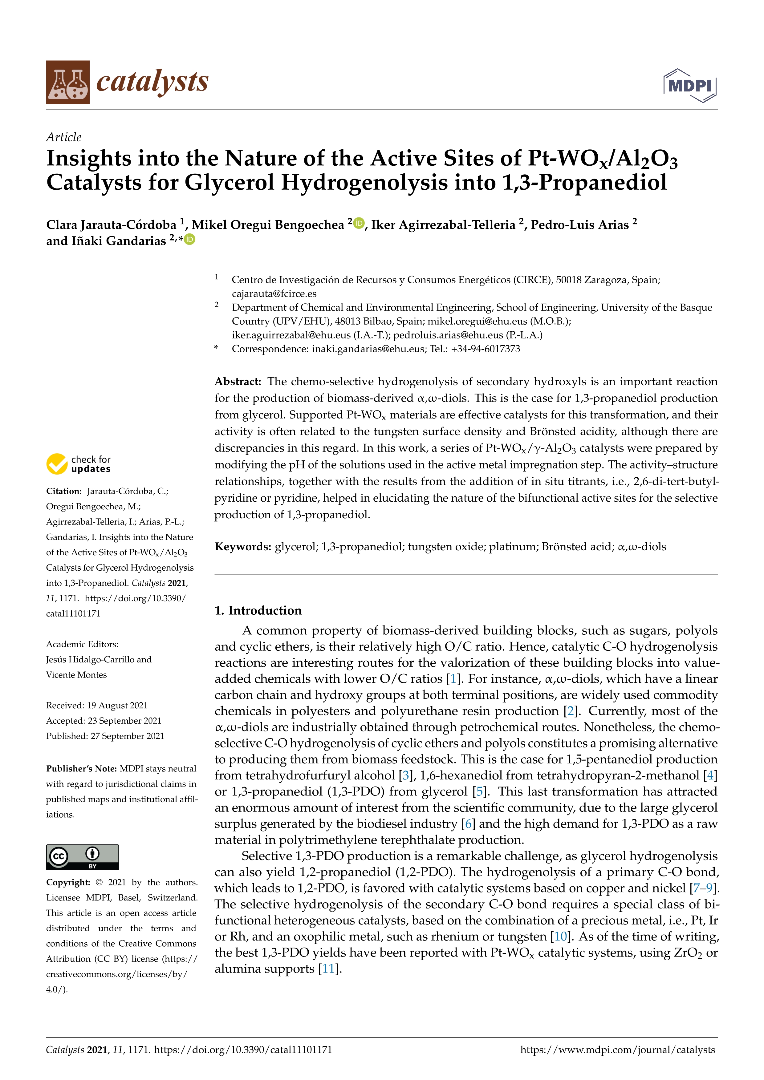 Insights into the nature of the active sites of pt-wox/al2o3 catalysts for glycerol hydrogenolysis into 1, 3-propanediol