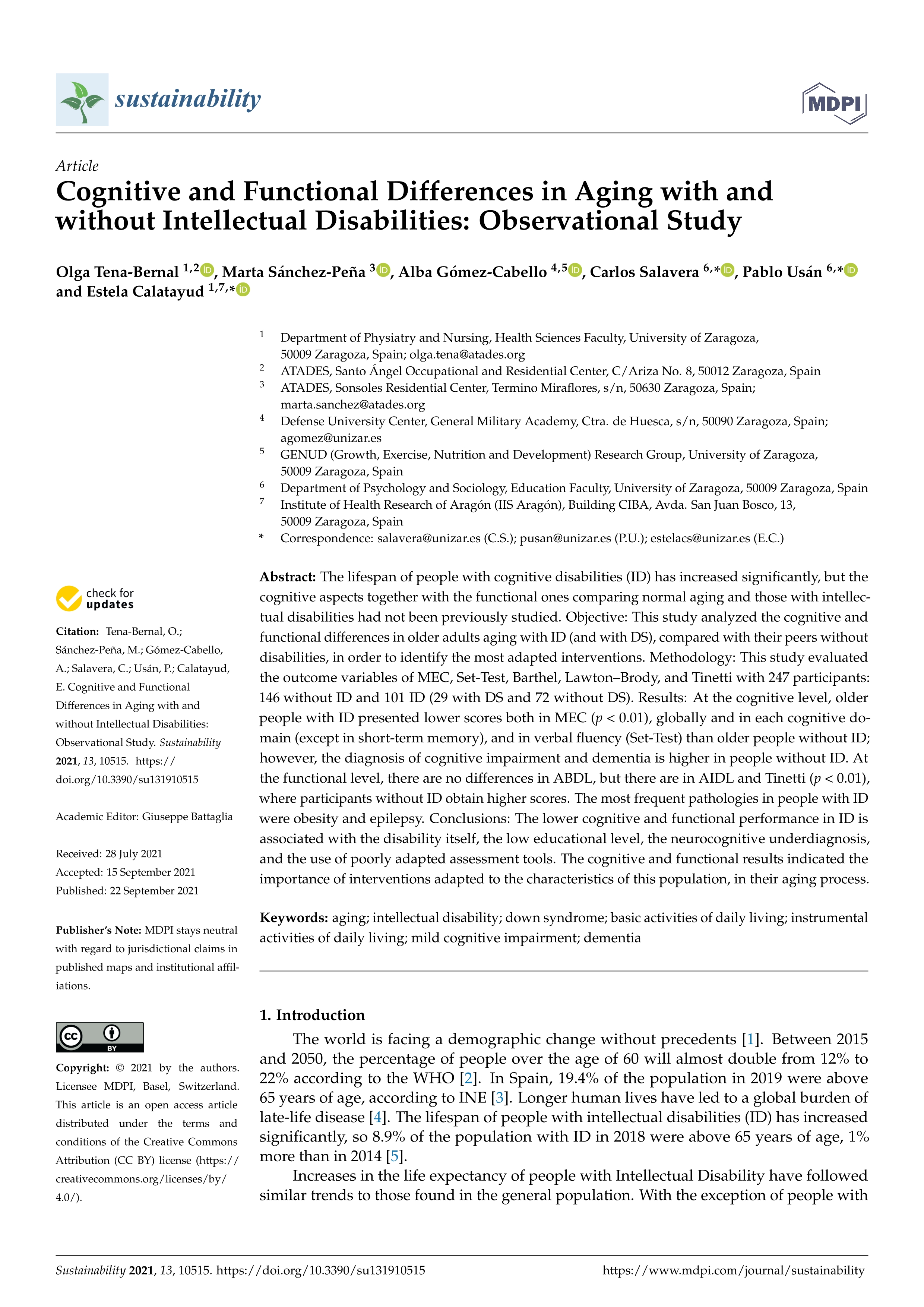 Cognitive and functional differences in aging with and without intellectual disabilities: Observational study