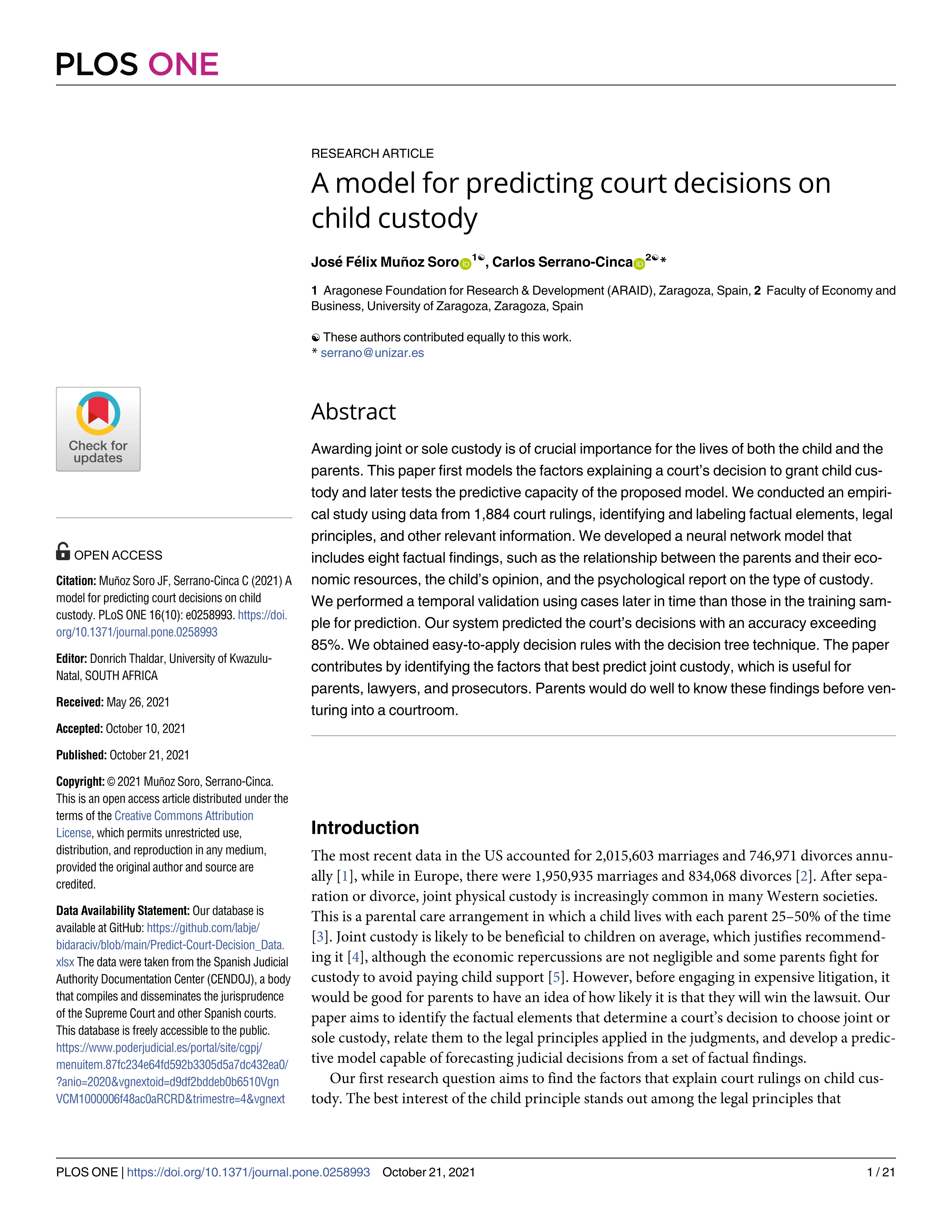 A model for predicting court decisions on child custody