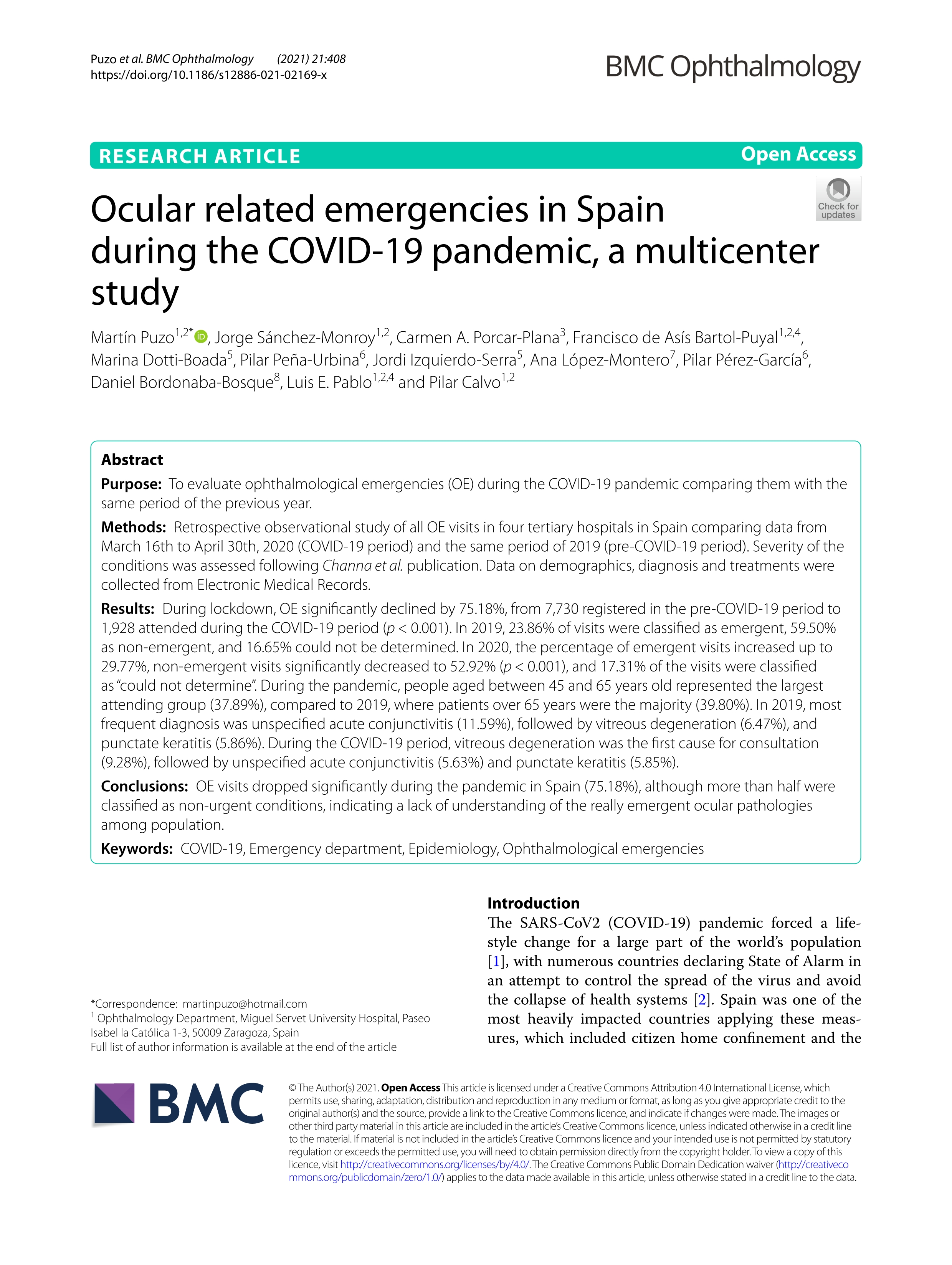 Ocular related emergencies in Spain during the COVID-19 pandemic, a multicenter study