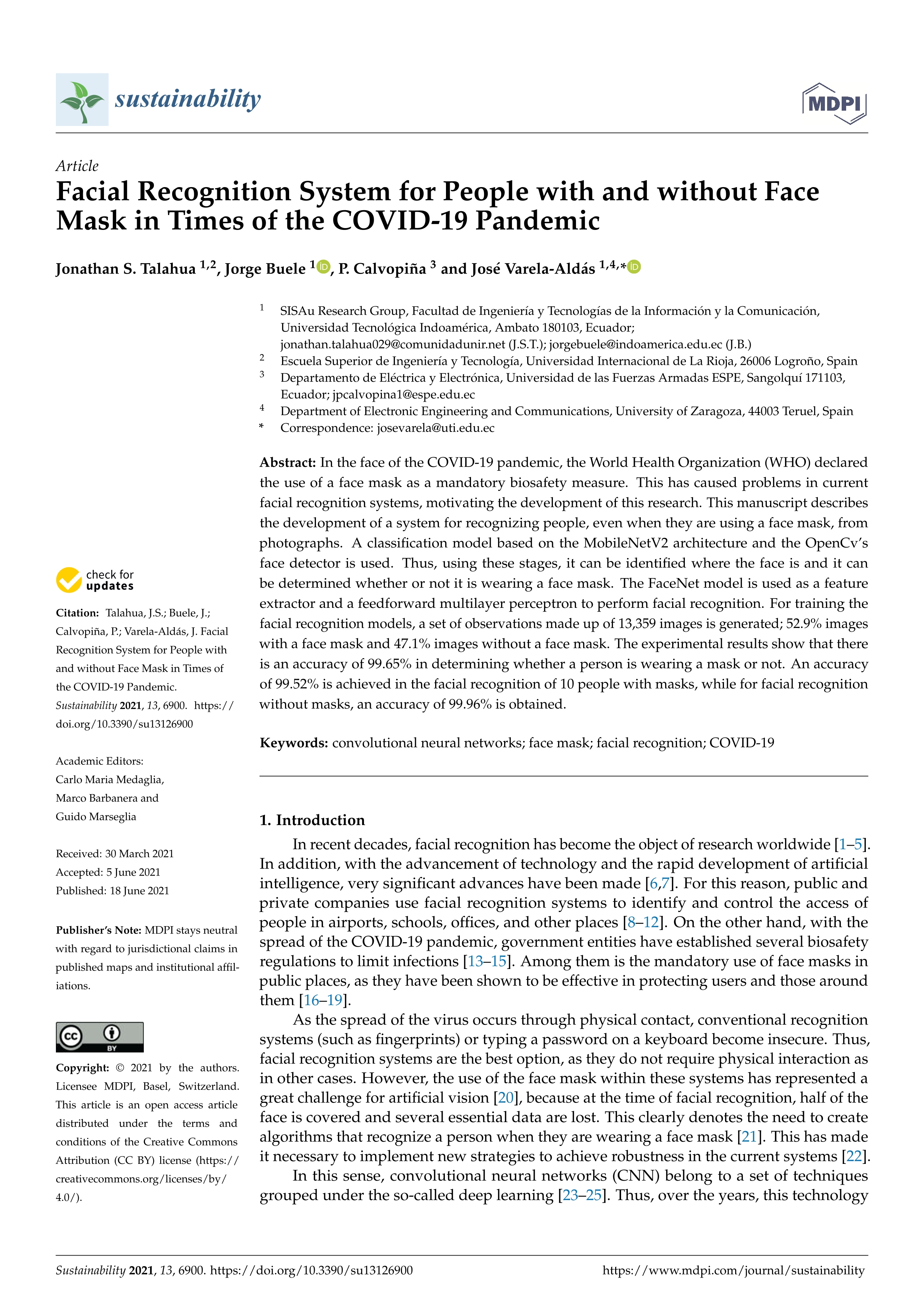 Facial recognition system for people with and without face mask in times of the covid-19 pandemic