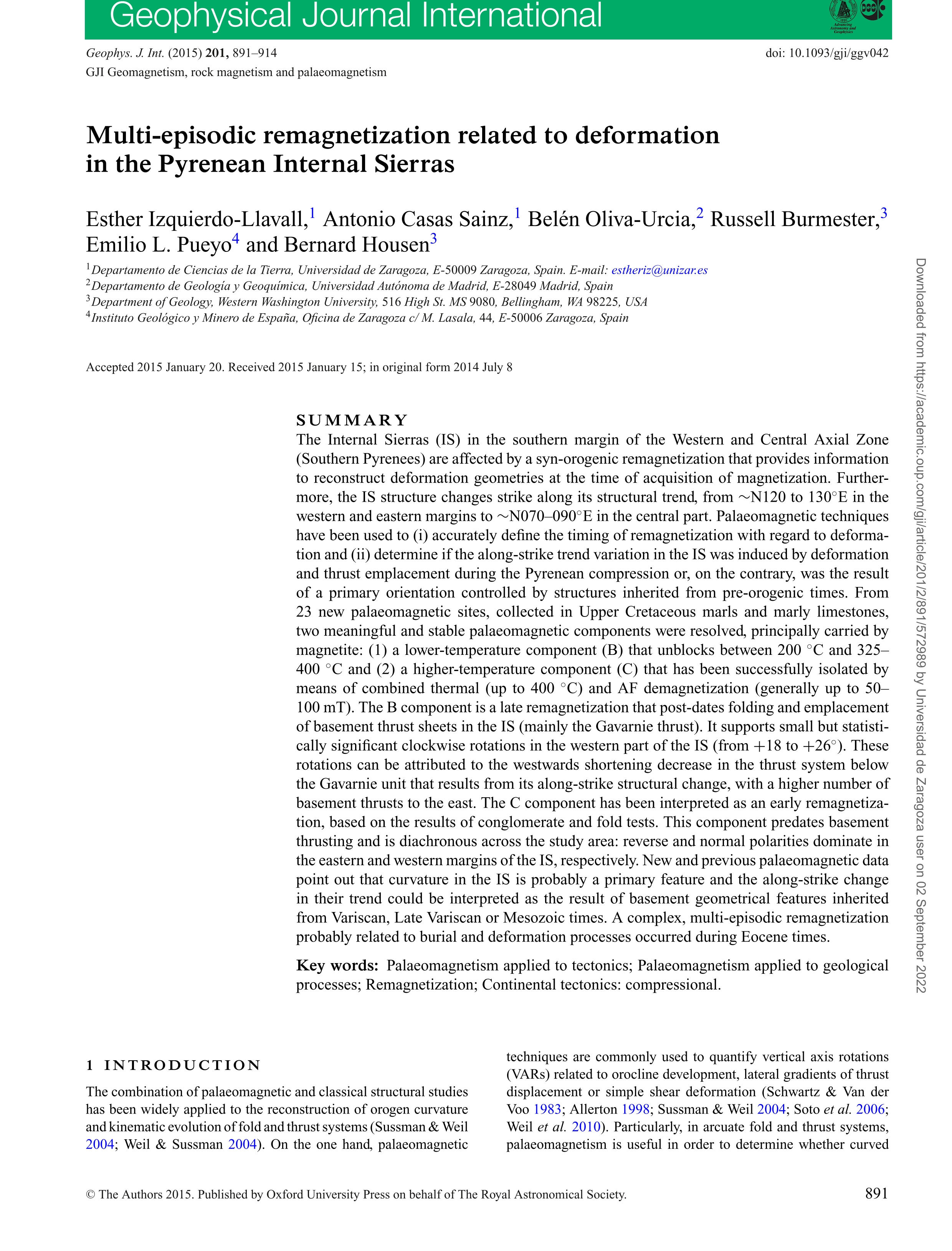 Multi-episodic remagnetization related to deformation in the Pyrenean Internal Sierras