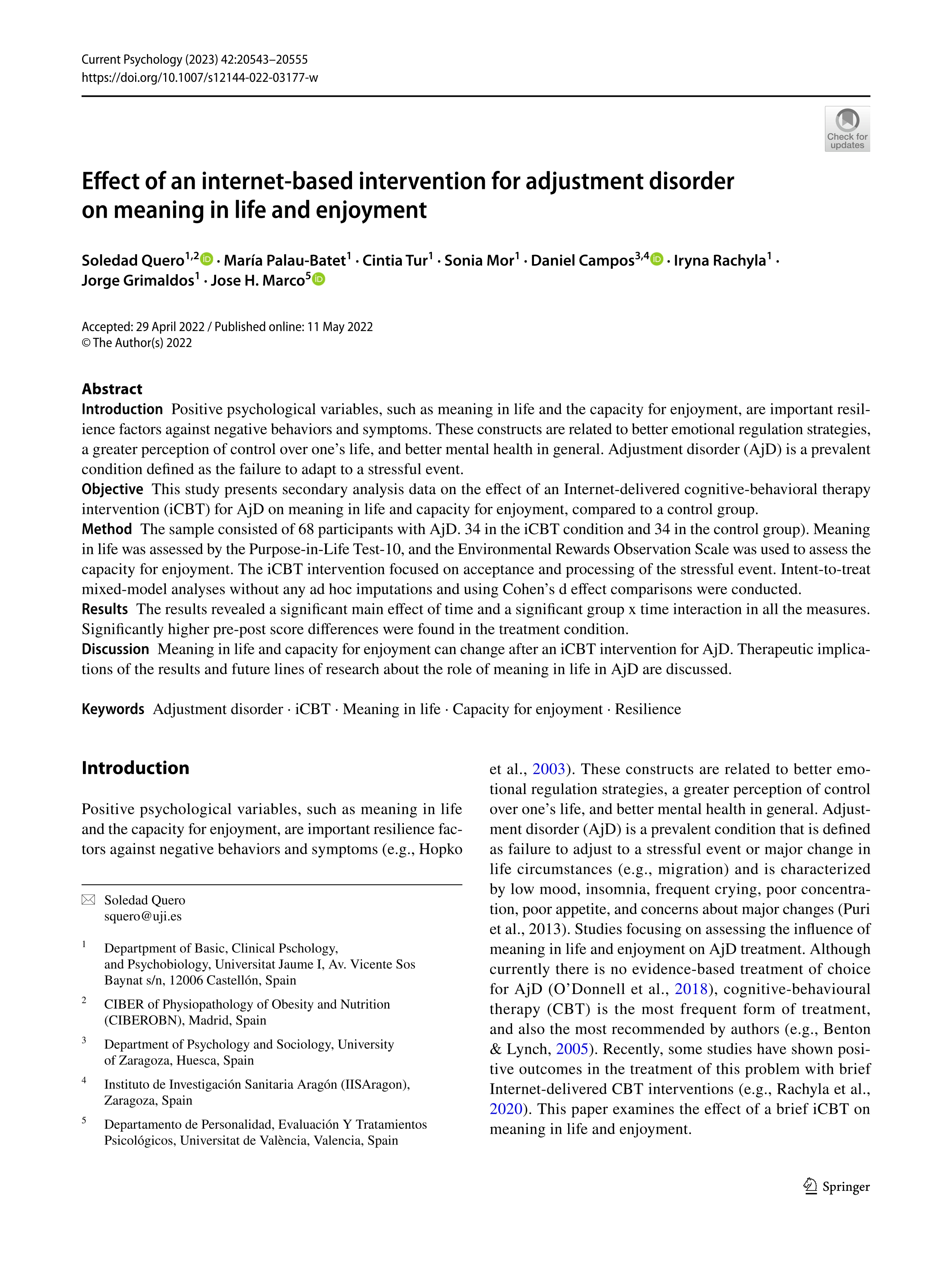 Effect of an internet-based intervention for adjustment disorder on meaning in life and enjoyment