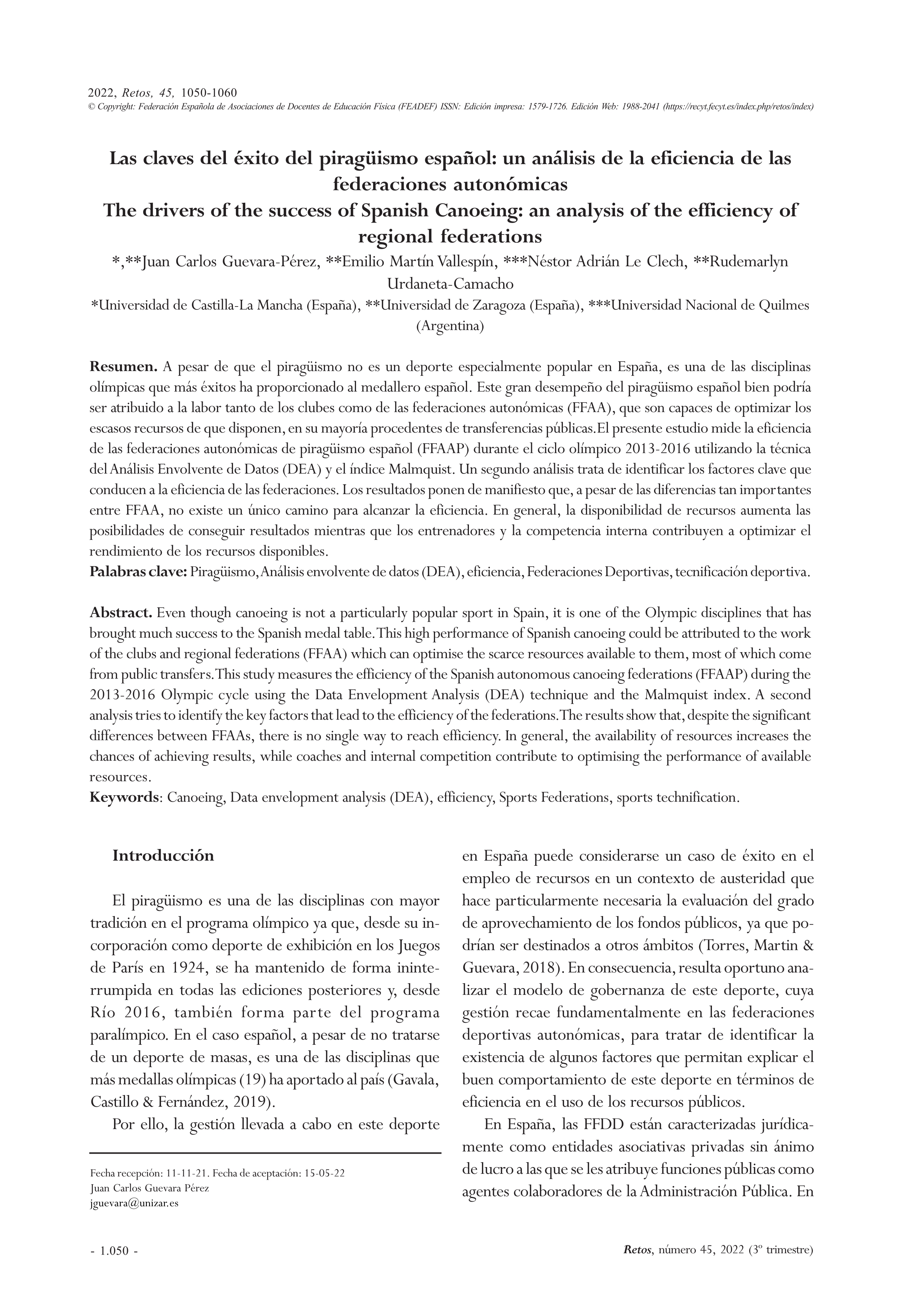 The drivers of the success of Spanish Canoeing: an analysis of the efficiency of regional federations