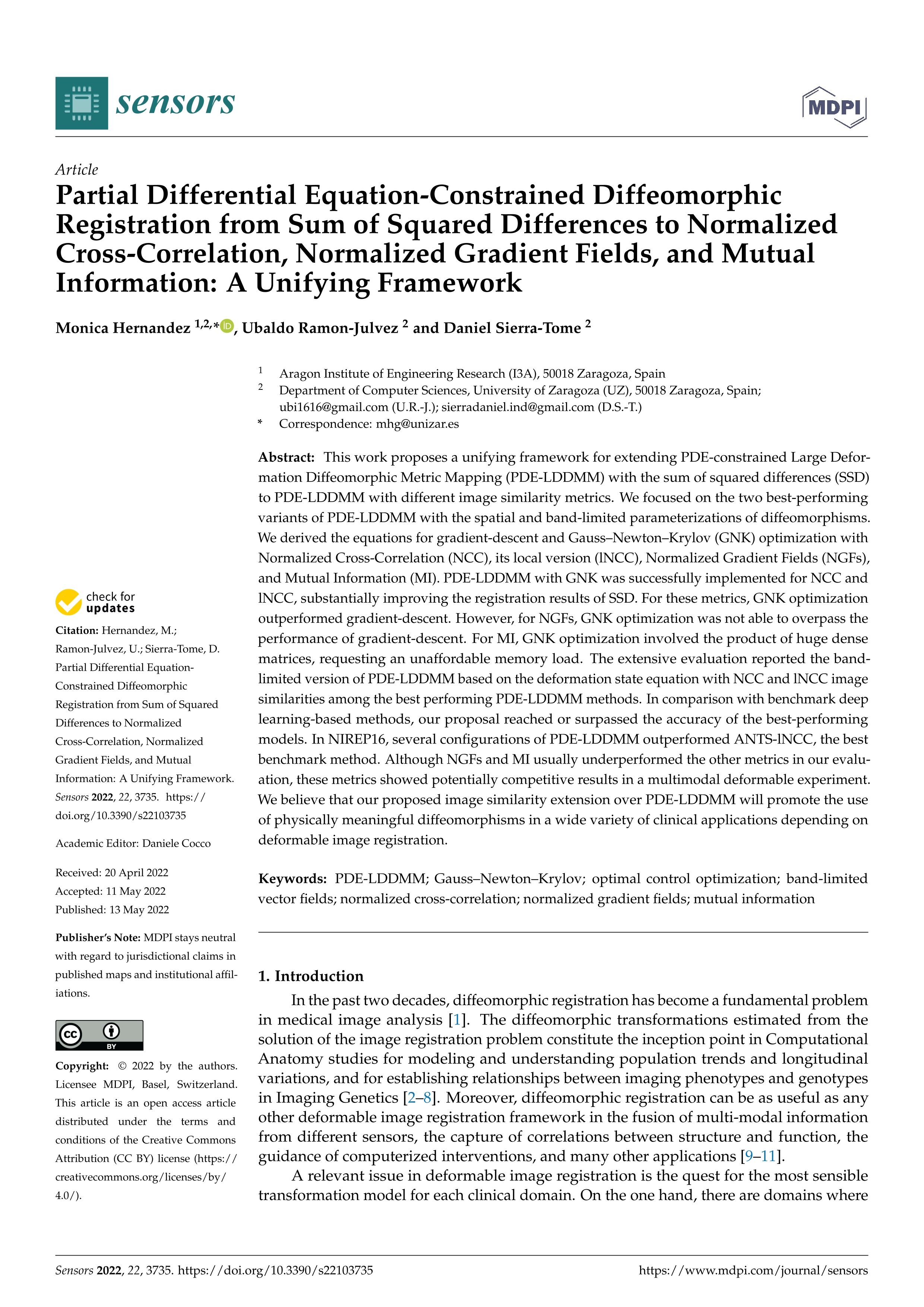 Partial Differential Equation-Constrained Diffeomorphic Registration from Sum of Squared Differences to Normalized Cross-Correlation, Normalized Gradient Fields, and Mutual Information: A Unifying Framework; 35632143