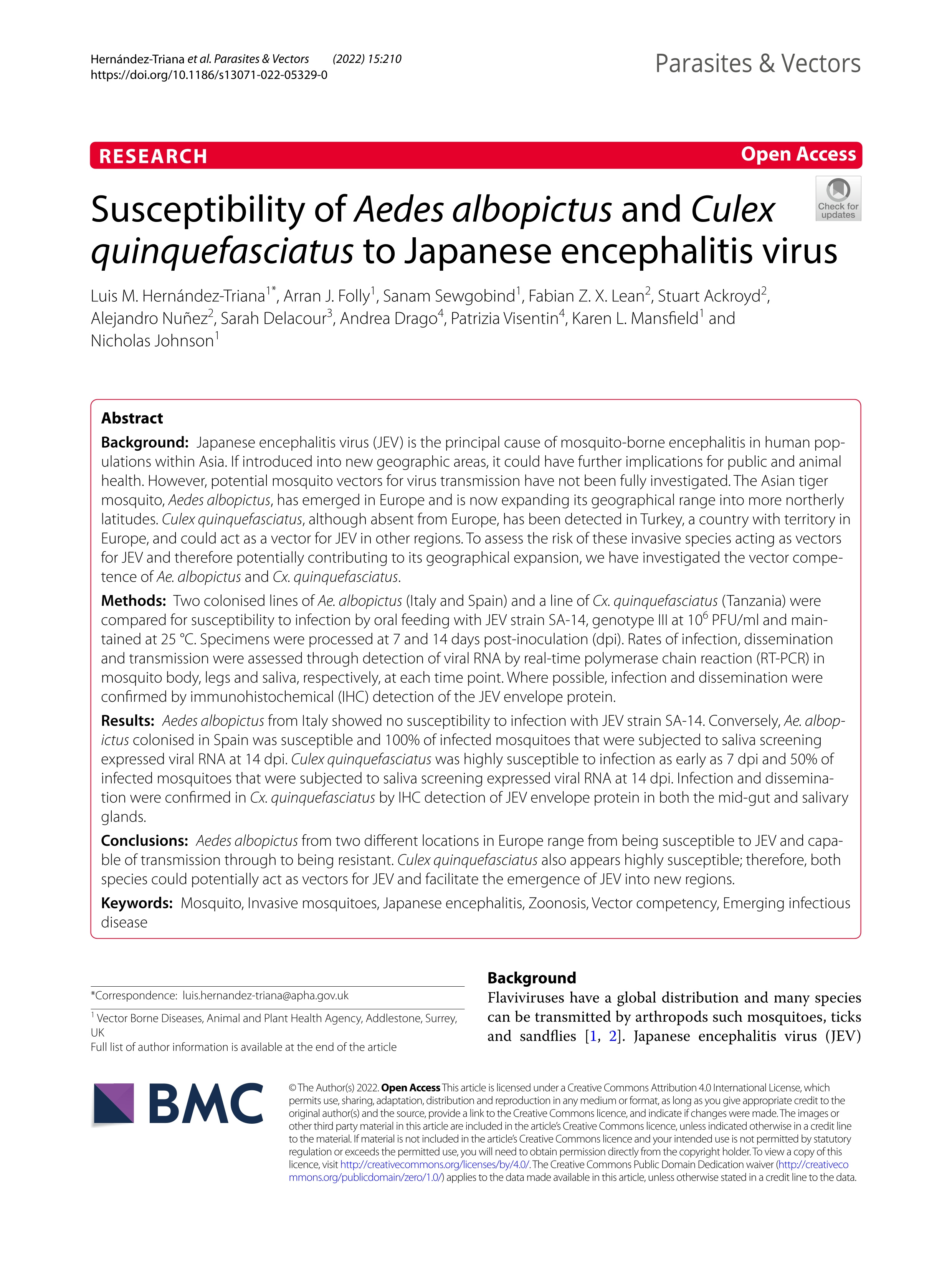 Susceptibility of Aedes albopictus and Culex quinquefasciatus to Japanese encephalitis virus; 35710580