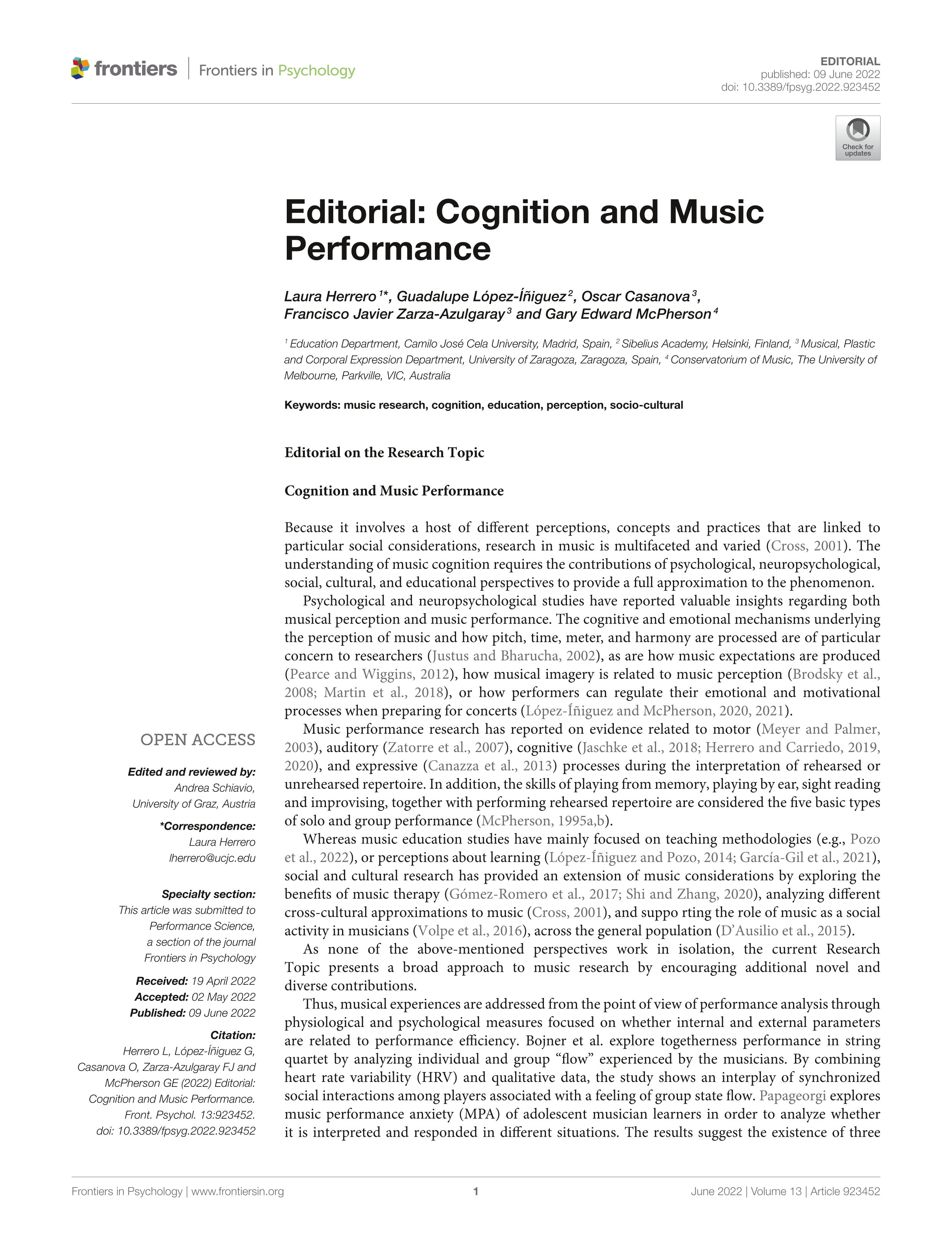 Editorial: Cognition and Music Performance