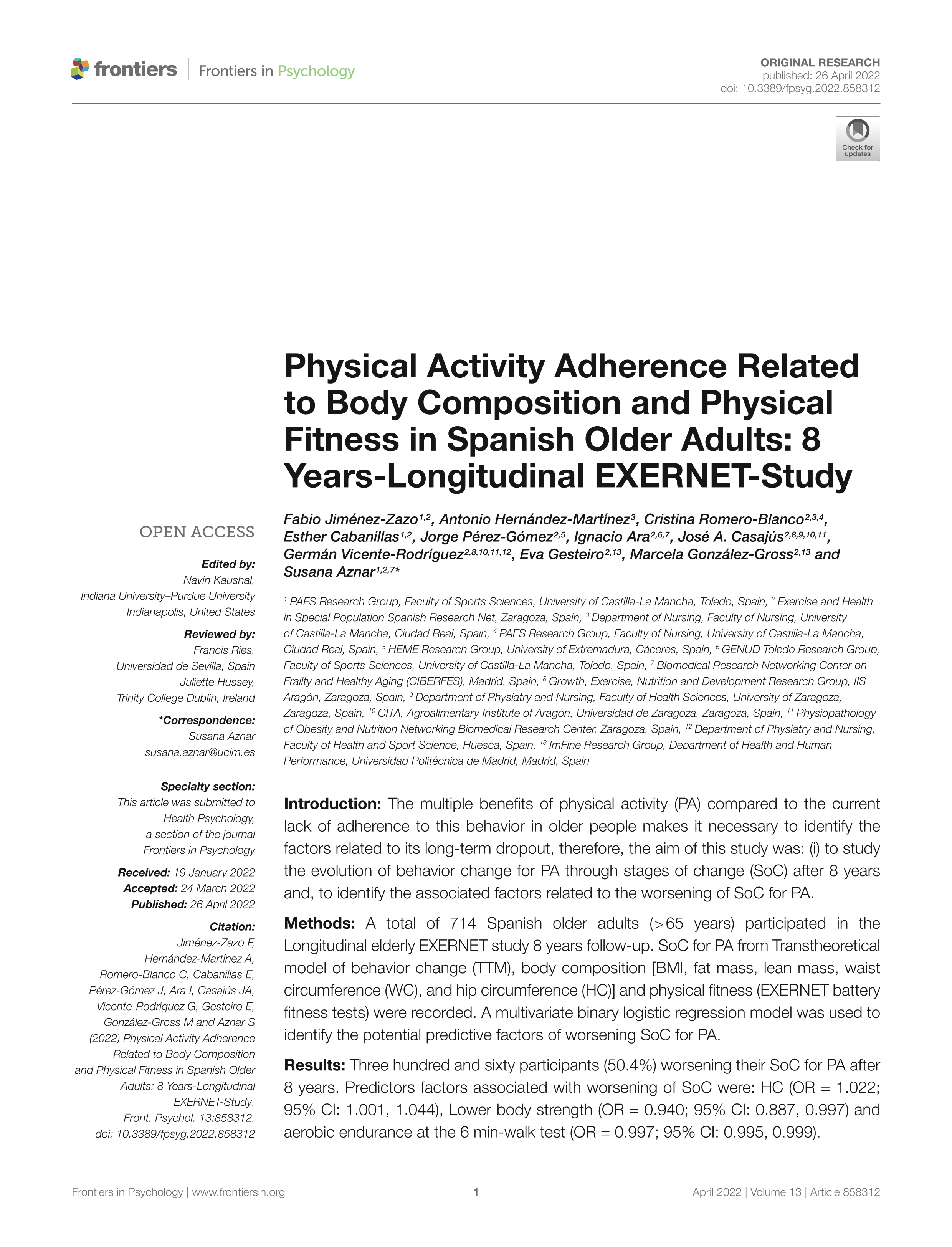 Physical Activity Adherence Related to Body Composition and Physical Fitness in Spanish Older Adults: 8 Years-Longitudinal EXERNET-Study