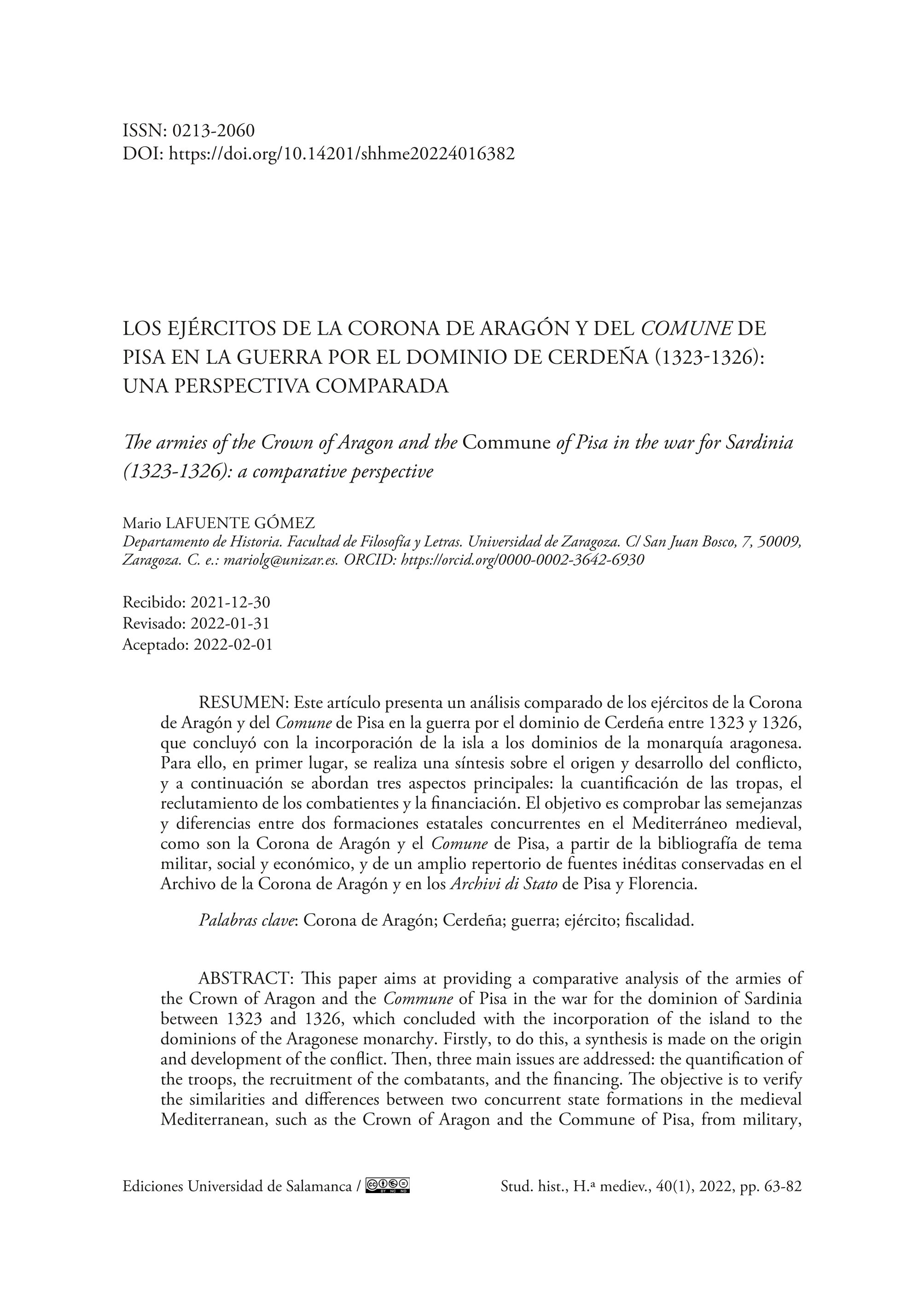 Los ejércitos de la Corona de Aragón y del Comune de Pisa en la guerra por el dominio de Cerdeña (1323-1326): una perspectiva comparada