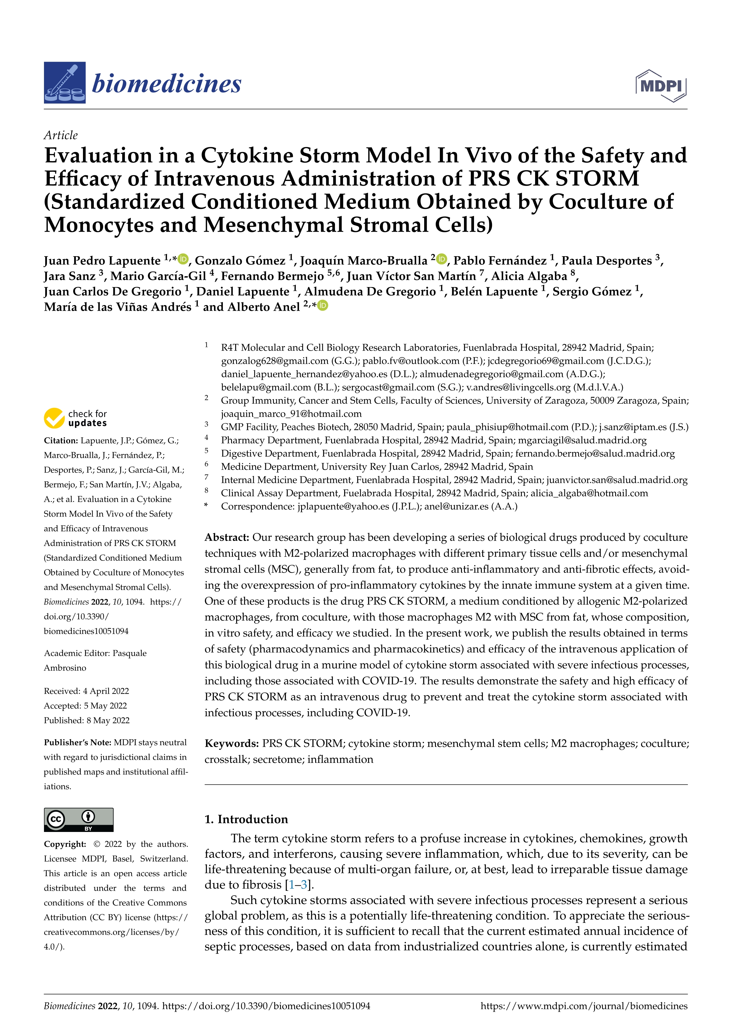 Evaluation in a Cytokine Storm Model in Vivo of the Safety and Efficacy of Intravenous Administration of PRS CK STORM (Standardized Conditioned Medium Obtained by Coculture of Monocytes and Mesenchymal Stromal Cells)