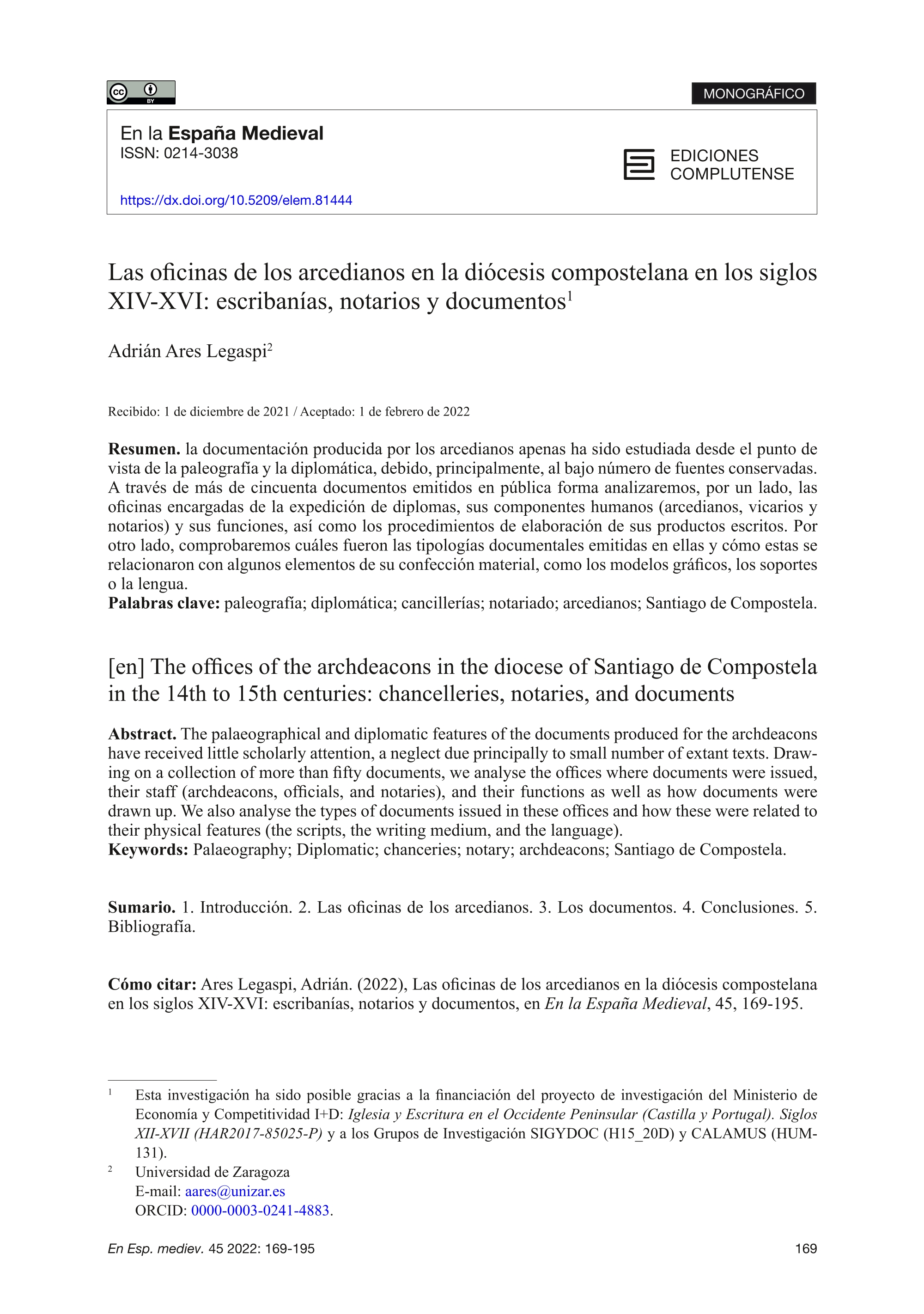 Las oficinas de los arcedianos en la diócesis compostelana en los siglos XIV-XVI: escribanías, notarios y documentos