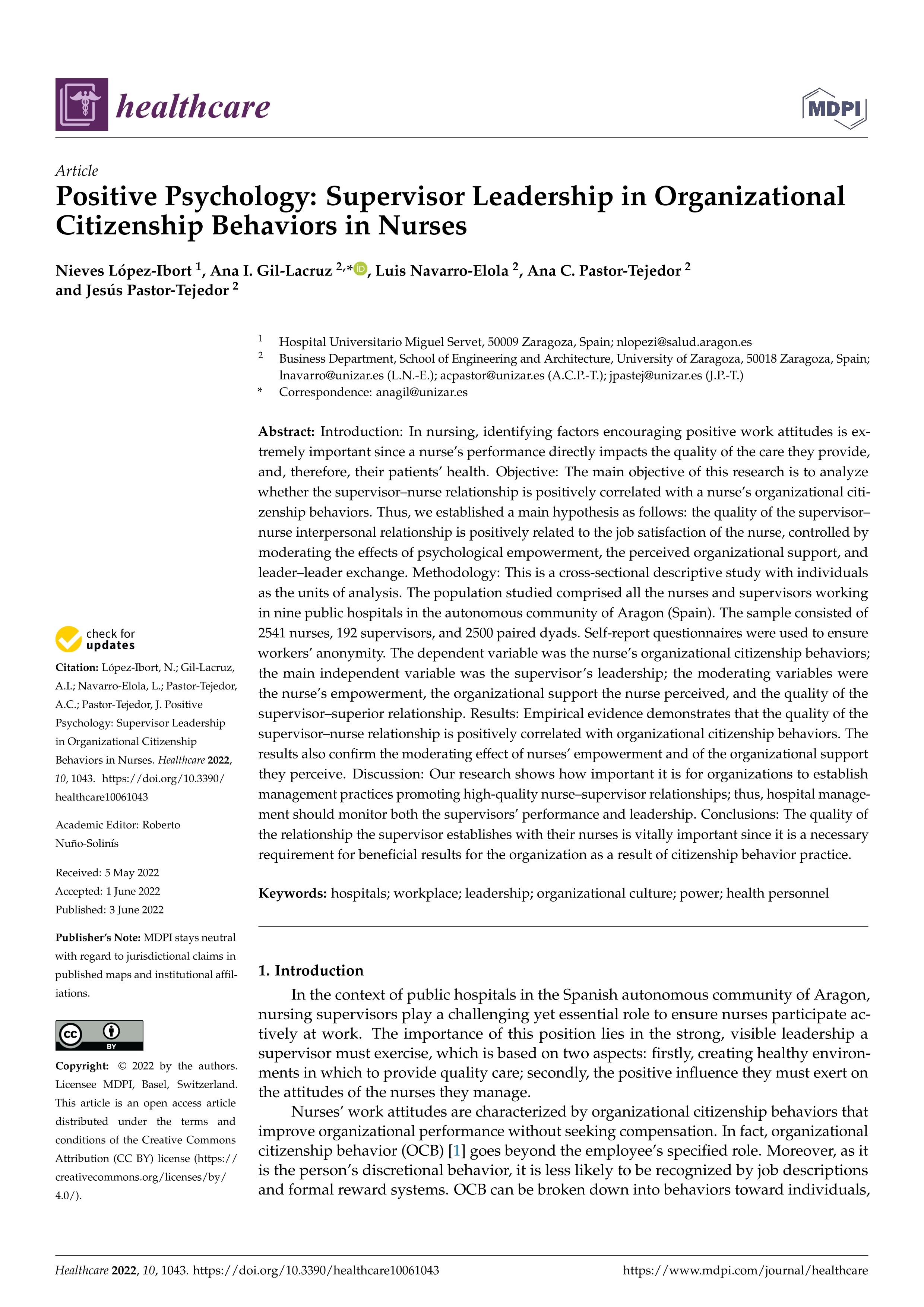 Positive Psychology: Supervisor Leadership in Organizational Citizenship Behaviors in Nurses