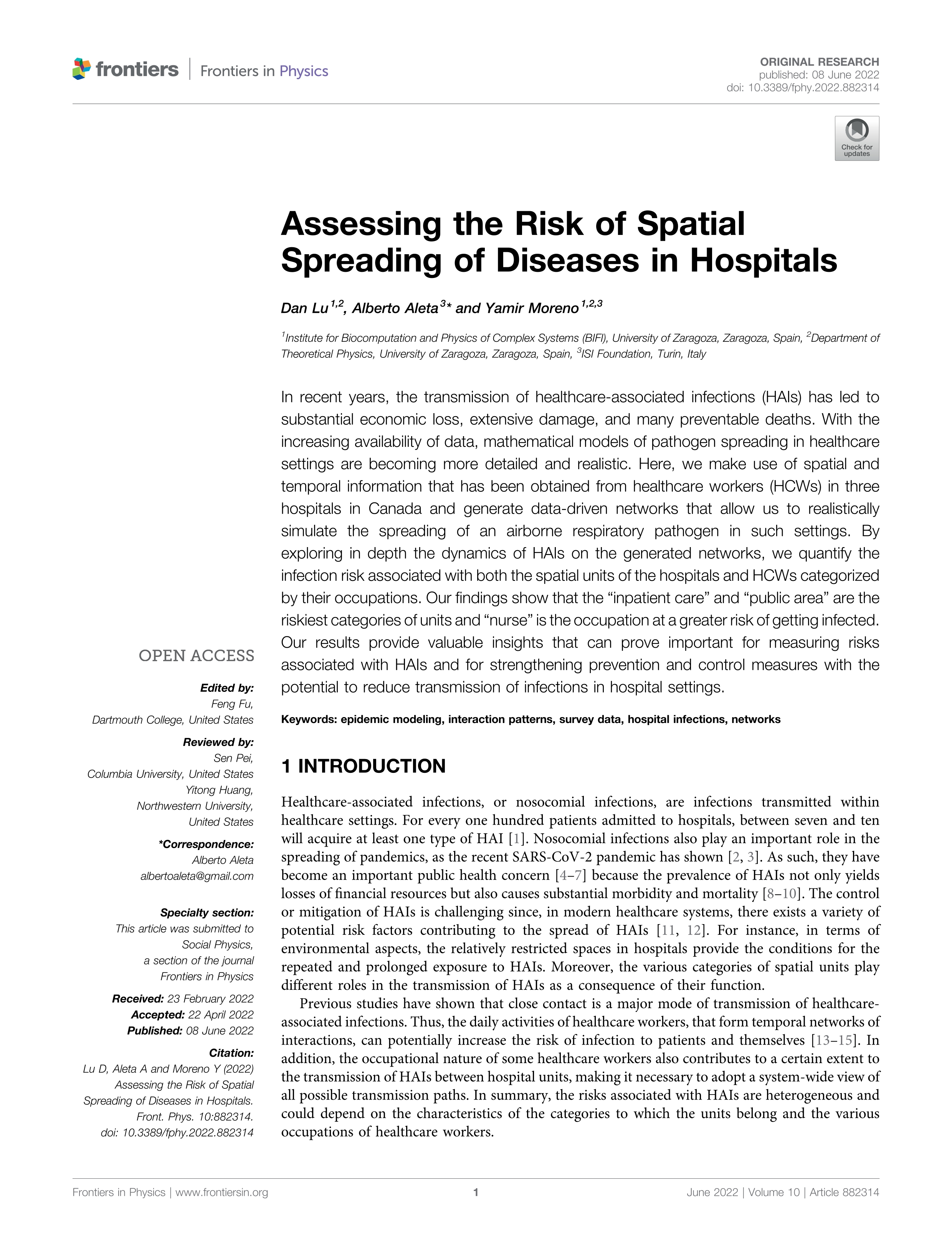 Assessing the Risk of Spatial Spreading of Diseases in Hospitals