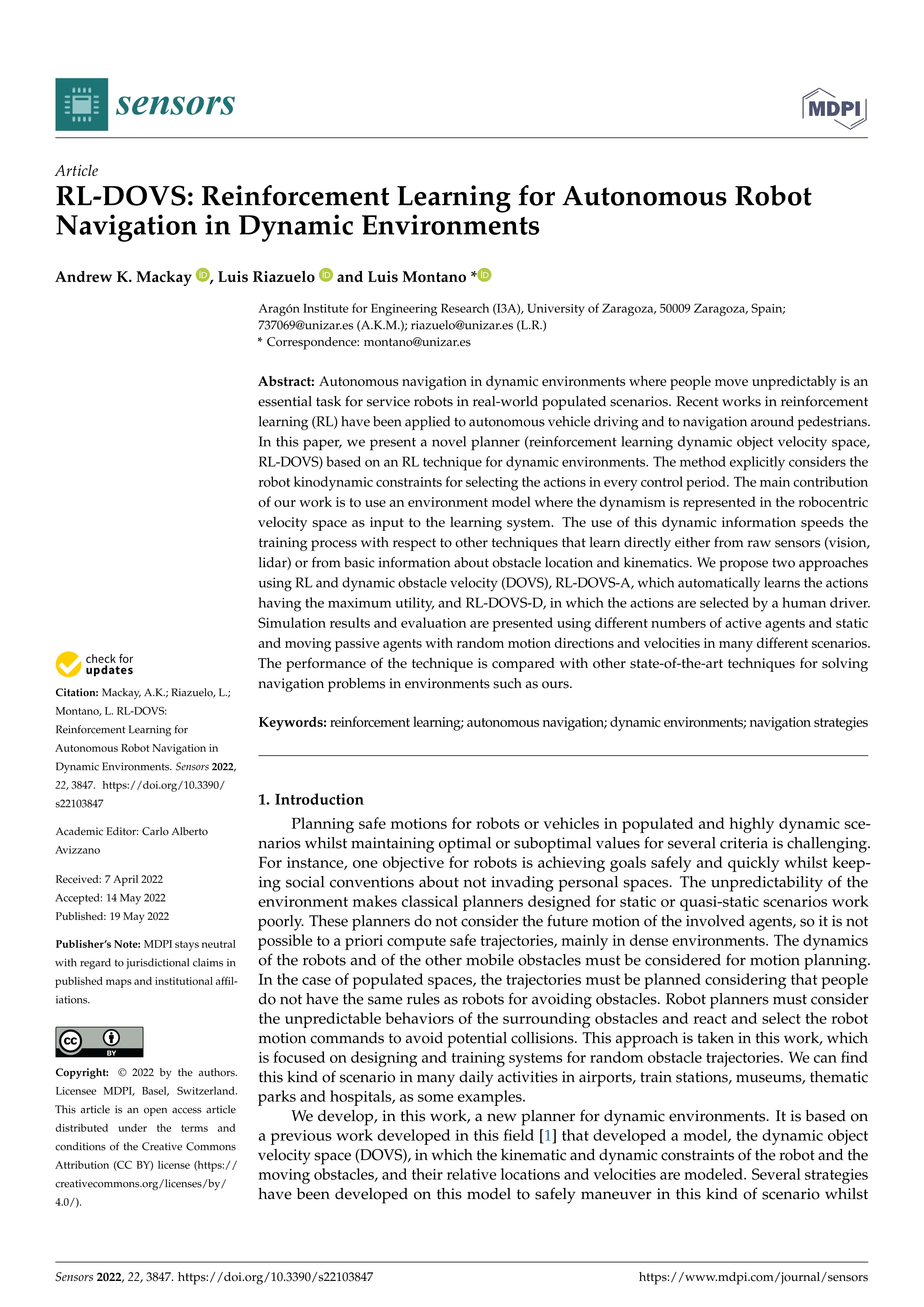 RL-DOVS: Reinforcement Learning for Autonomous Robot Navigation in Dynamic Environments