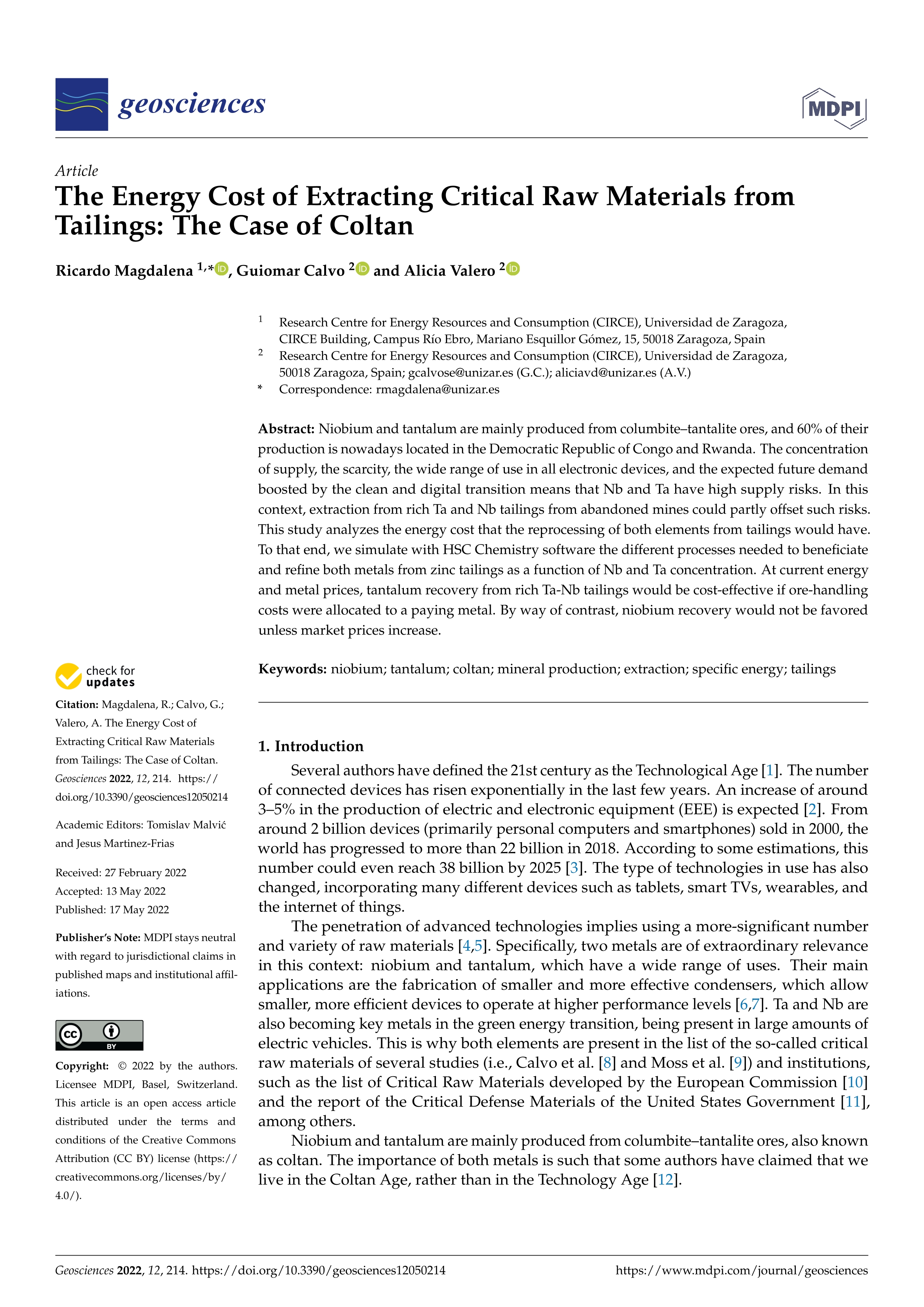 The Energy Cost of Extracting Critical Raw Materials from Tailings: The Case of Coltan