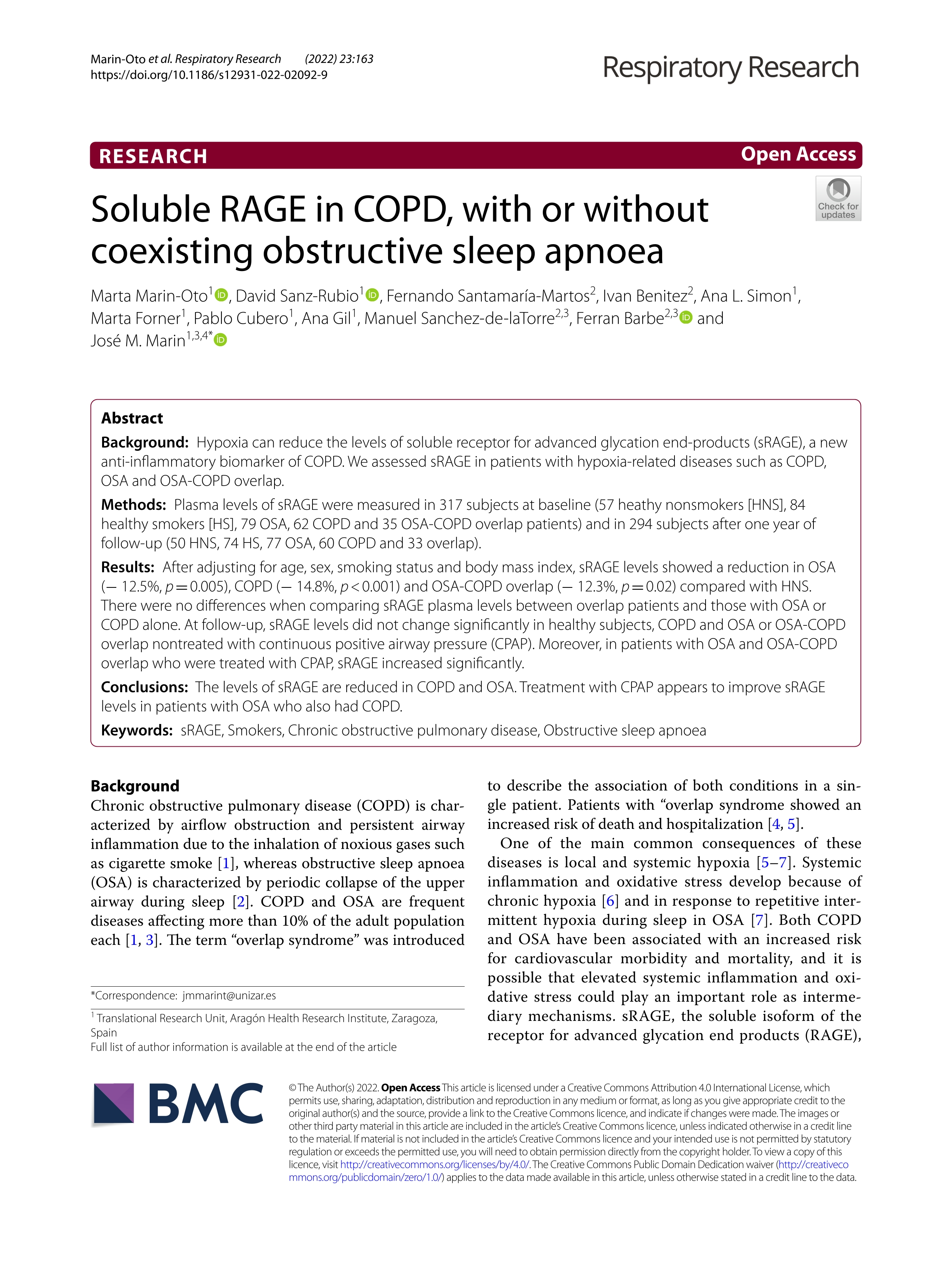 Soluble RAGE in COPD, with or without coexisting obstructive sleep apnoea