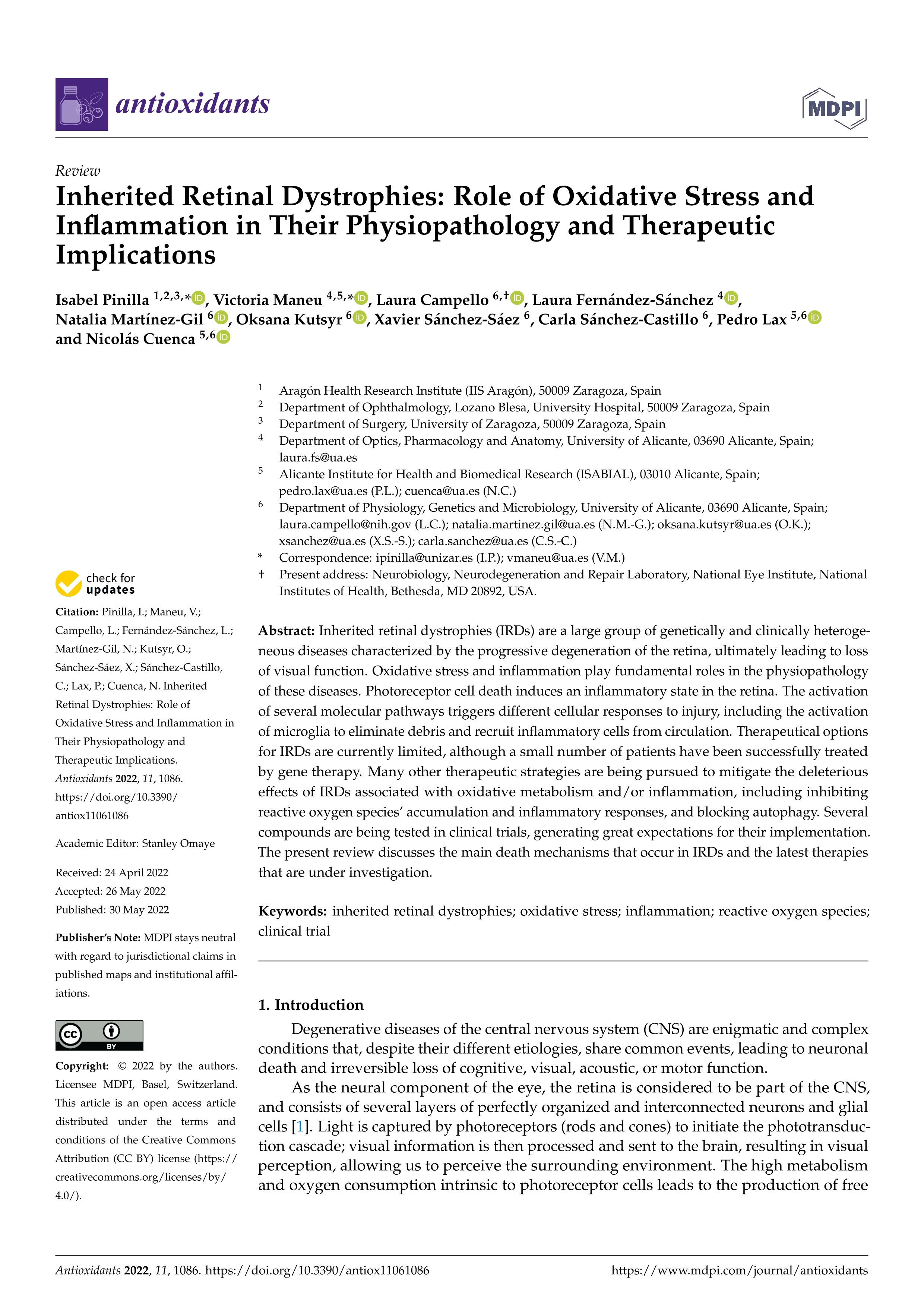 Inherited retinal dystrophies: role of oxidative stress and inflammation in their physiopathology and therapeutic implications