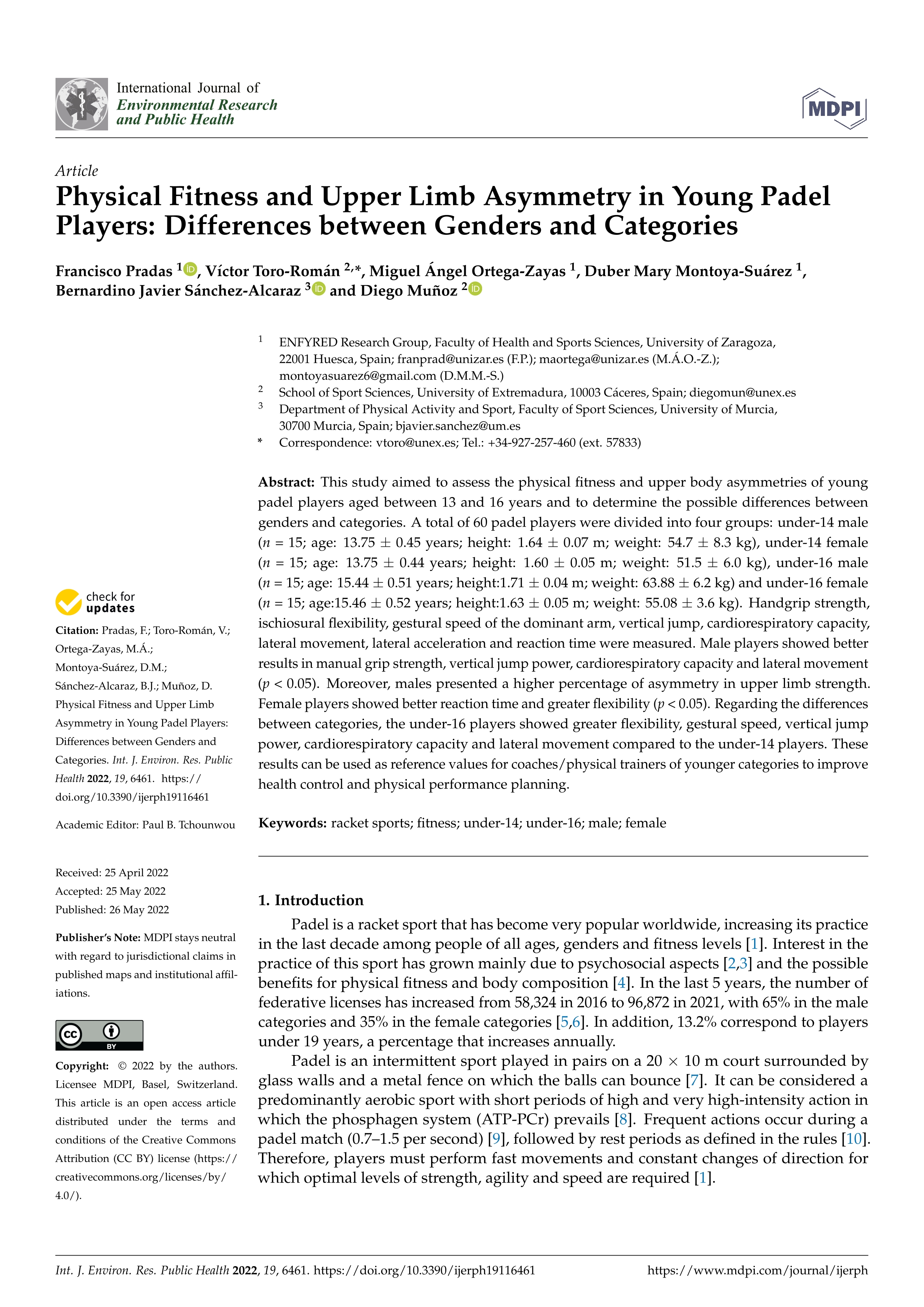 Physical fitness and upper limb asymmetry in young padel players: differences between genders and categories