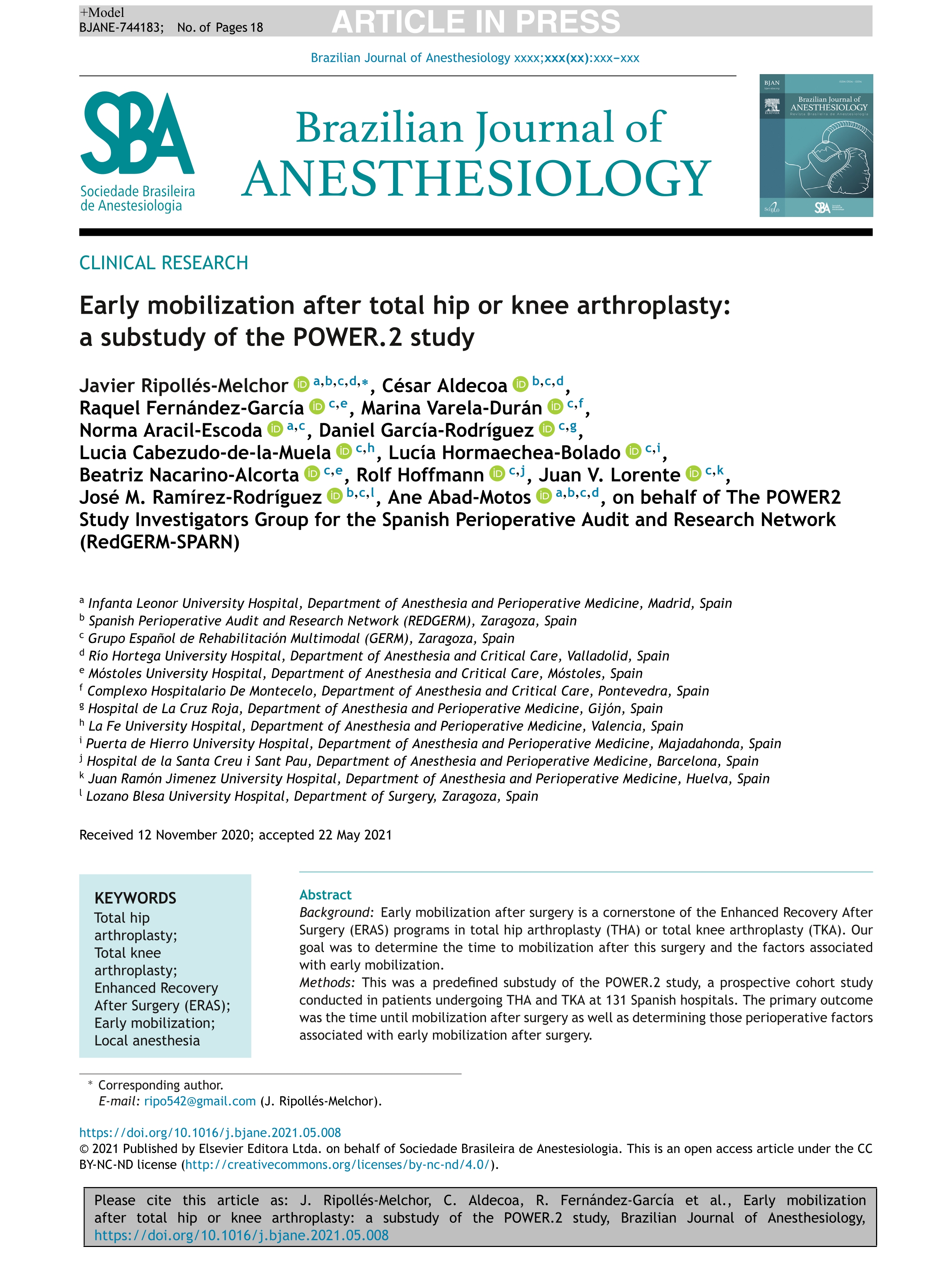 Early mobilization after total hip or knee arthroplasty: a substudy of the POWER.2 study