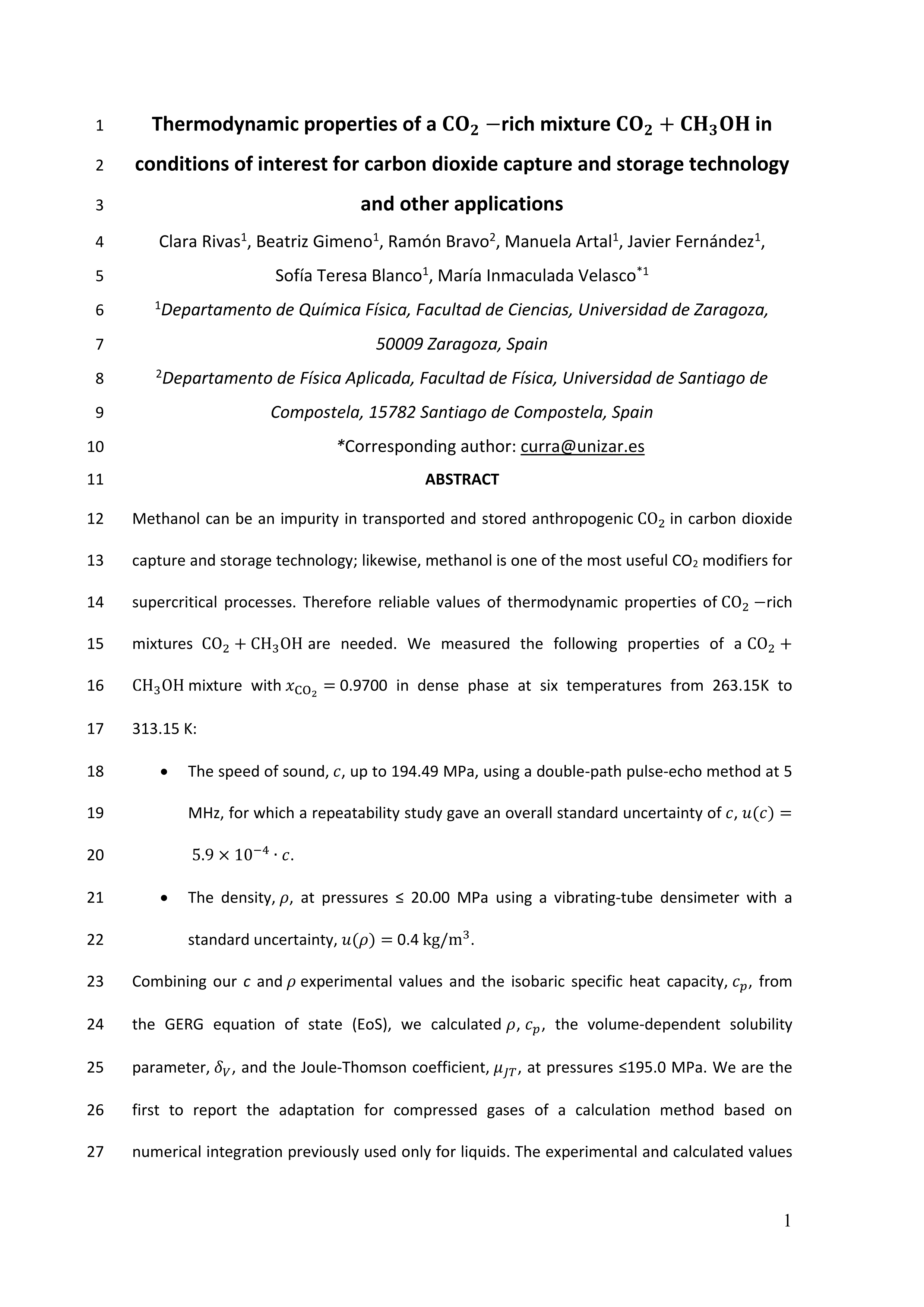 Thermodynamic properties of a CO2 - Rich mixture (CO2 + CH3OH) in conditions of interest for carbon dioxide capture and storage technology and other applications