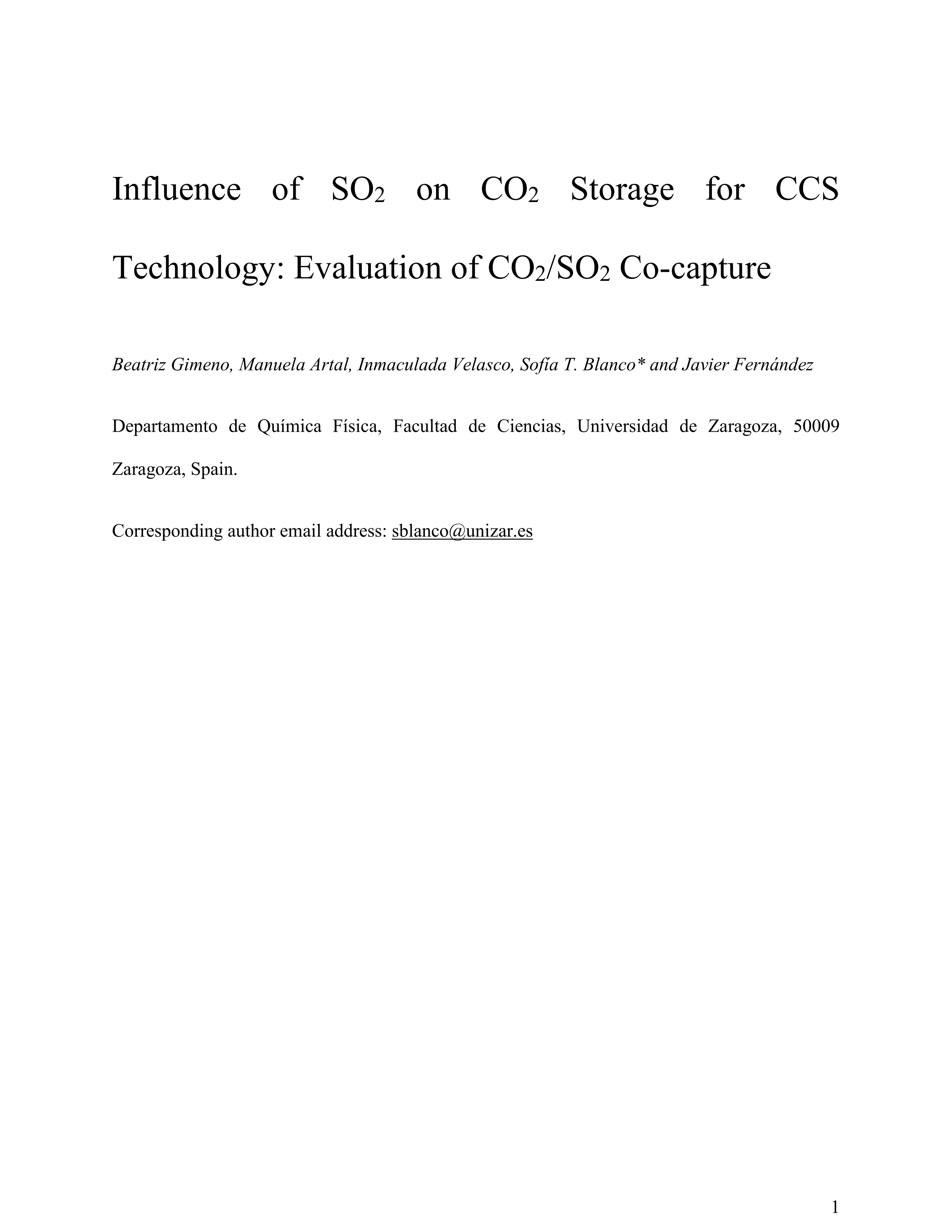 Influence of SO2 on CO2 storage for CCS technology: Evaluation of CO2/SO2 co-capture