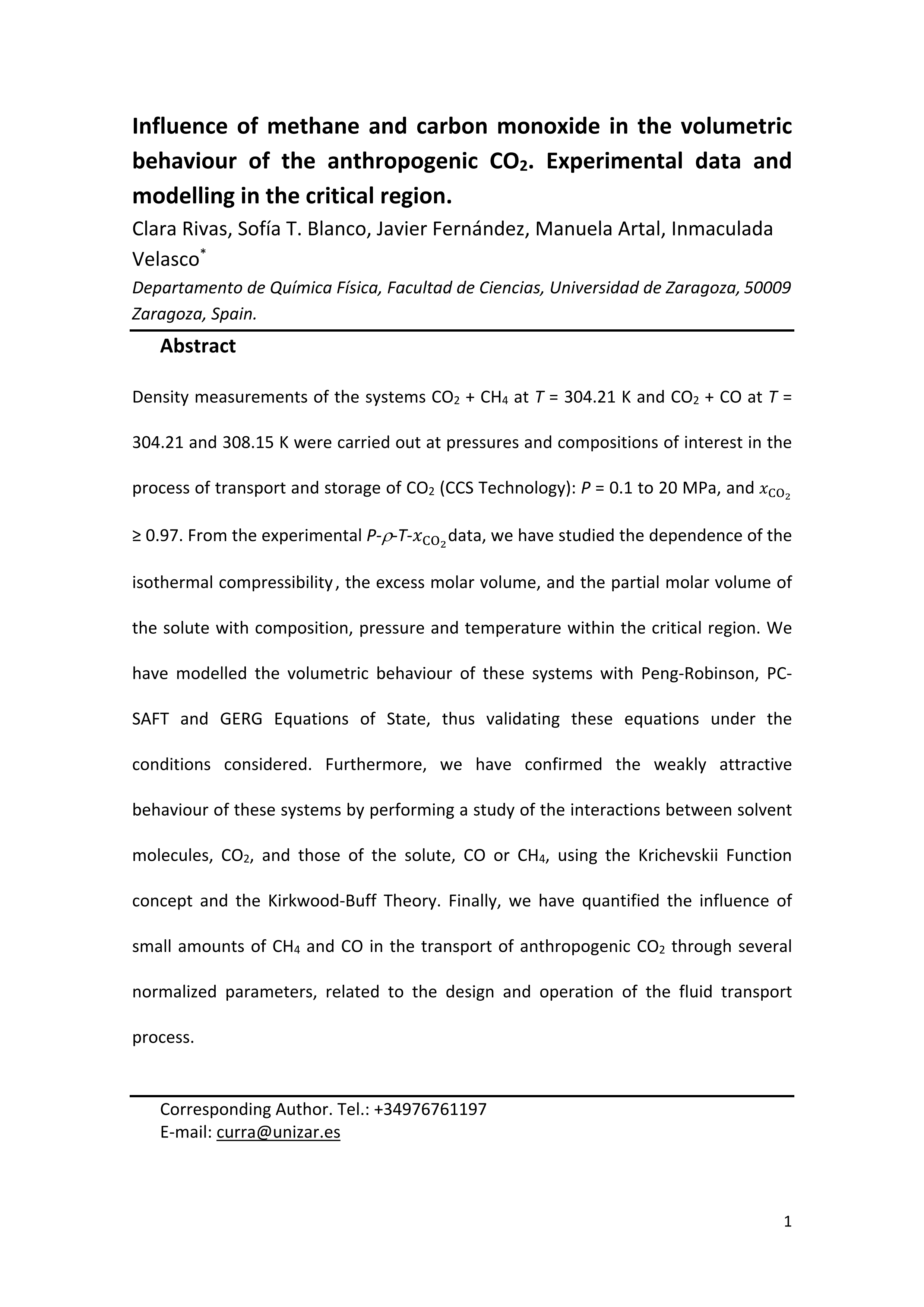 Influence of methane and carbon monoxide in the volumetric behaviour of the anthropogenic CO2: Experimental data and modelling in the critical region