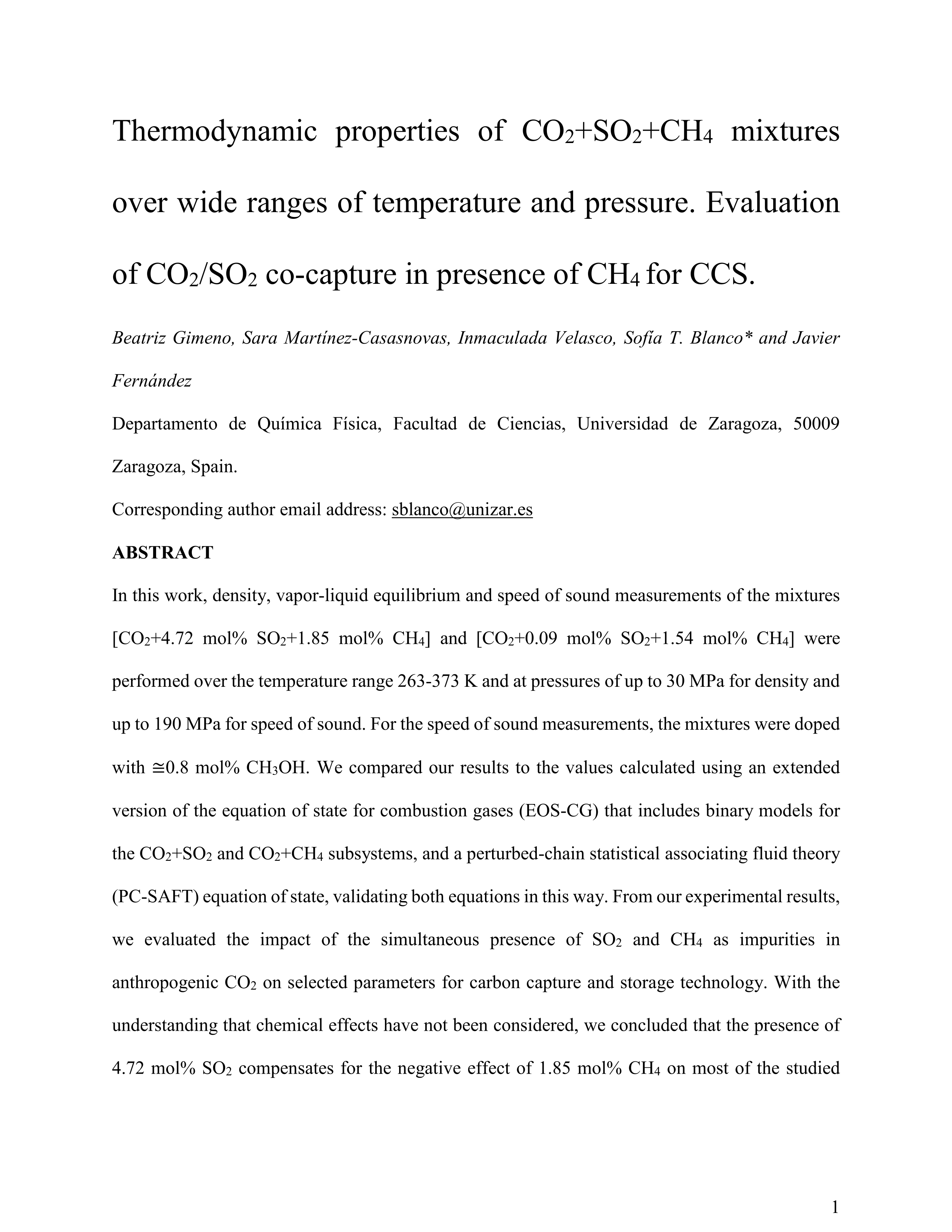 Thermodynamic properties of CO2 + SO2 + CH4 mixtures over wide ranges of temperature and pressure. Evaluation of CO2/SO2 co-capture in presence of CH4 for CCS