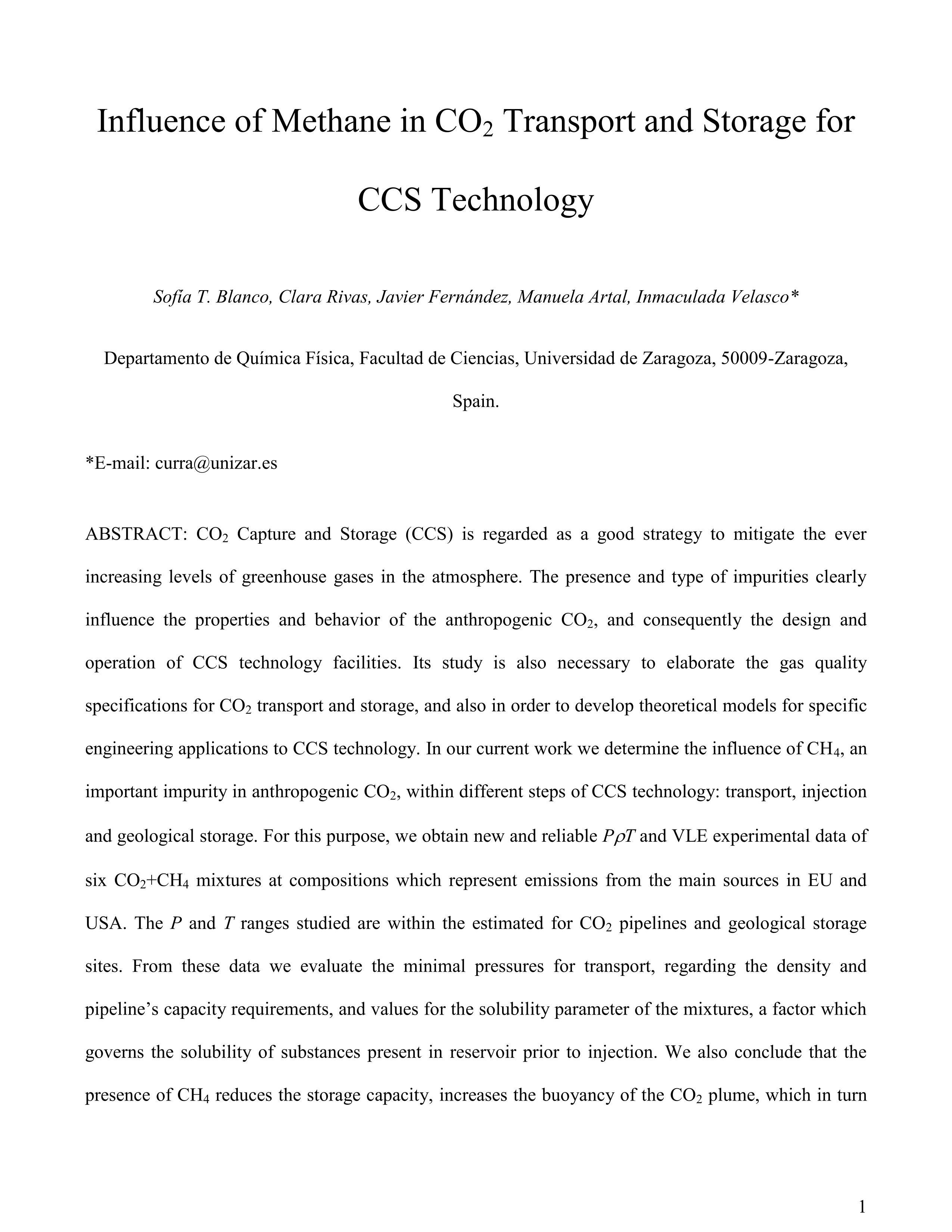 Influence of methane in CO2 transport and storage for CCS technology