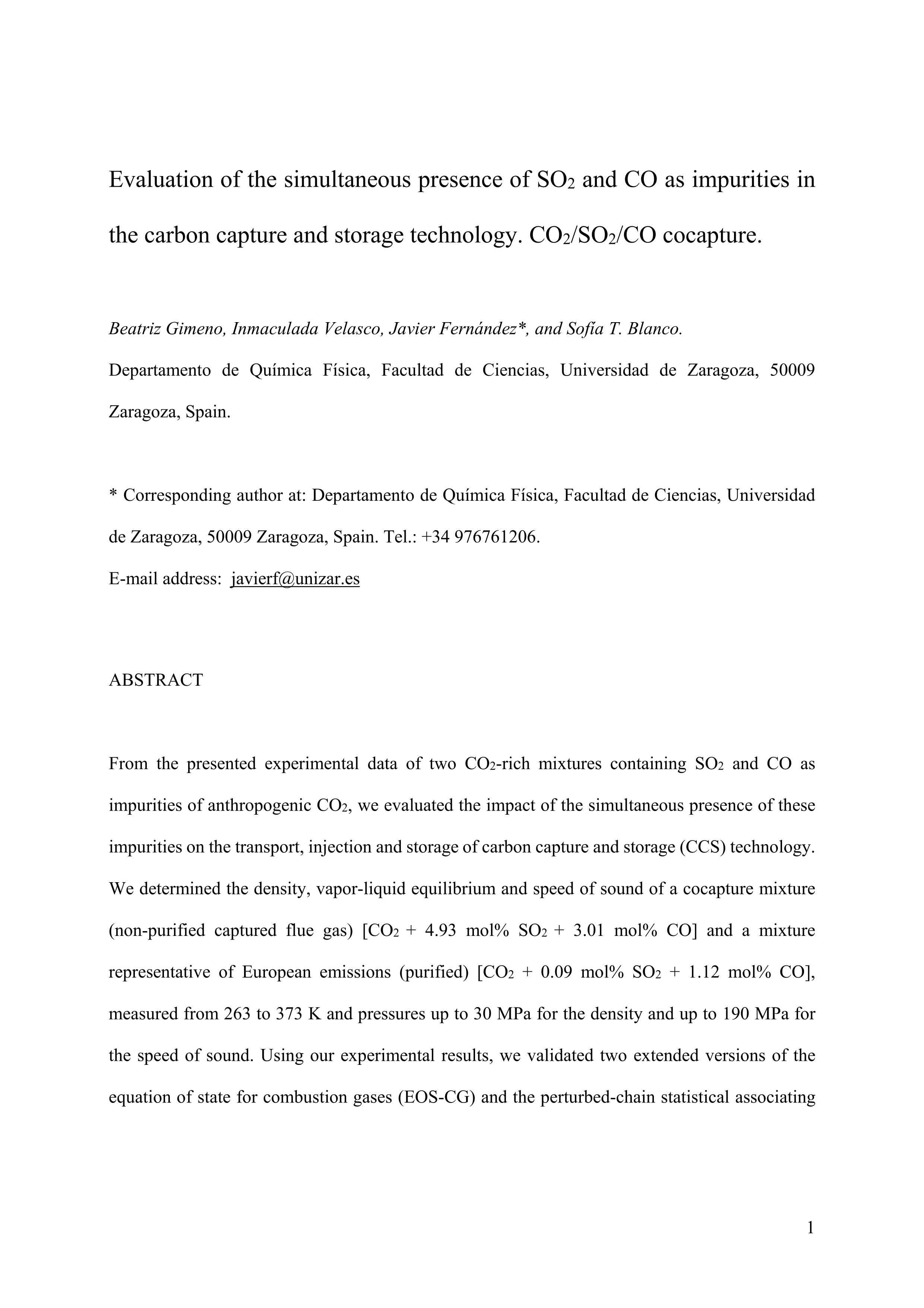 Evaluation of the simultaneous presence of SO2 and CO as impurities in the carbon capture and storage technology. CO2/SO2/CO cocapture