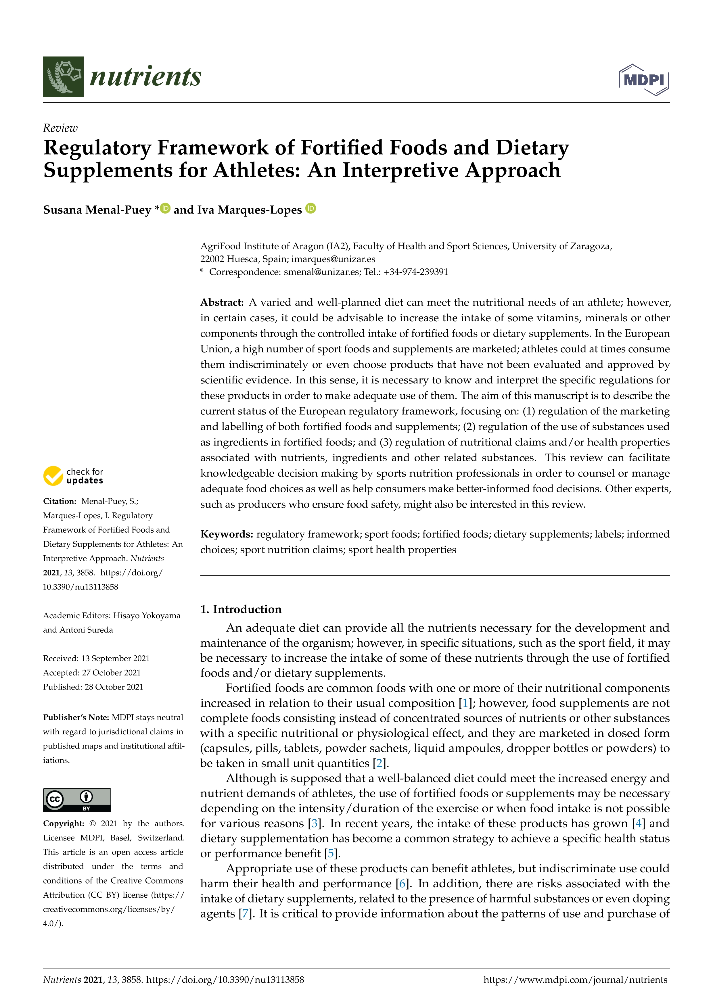 Regulatory framework of fortified foods and dietary supplements for athletes: An interpretive approach