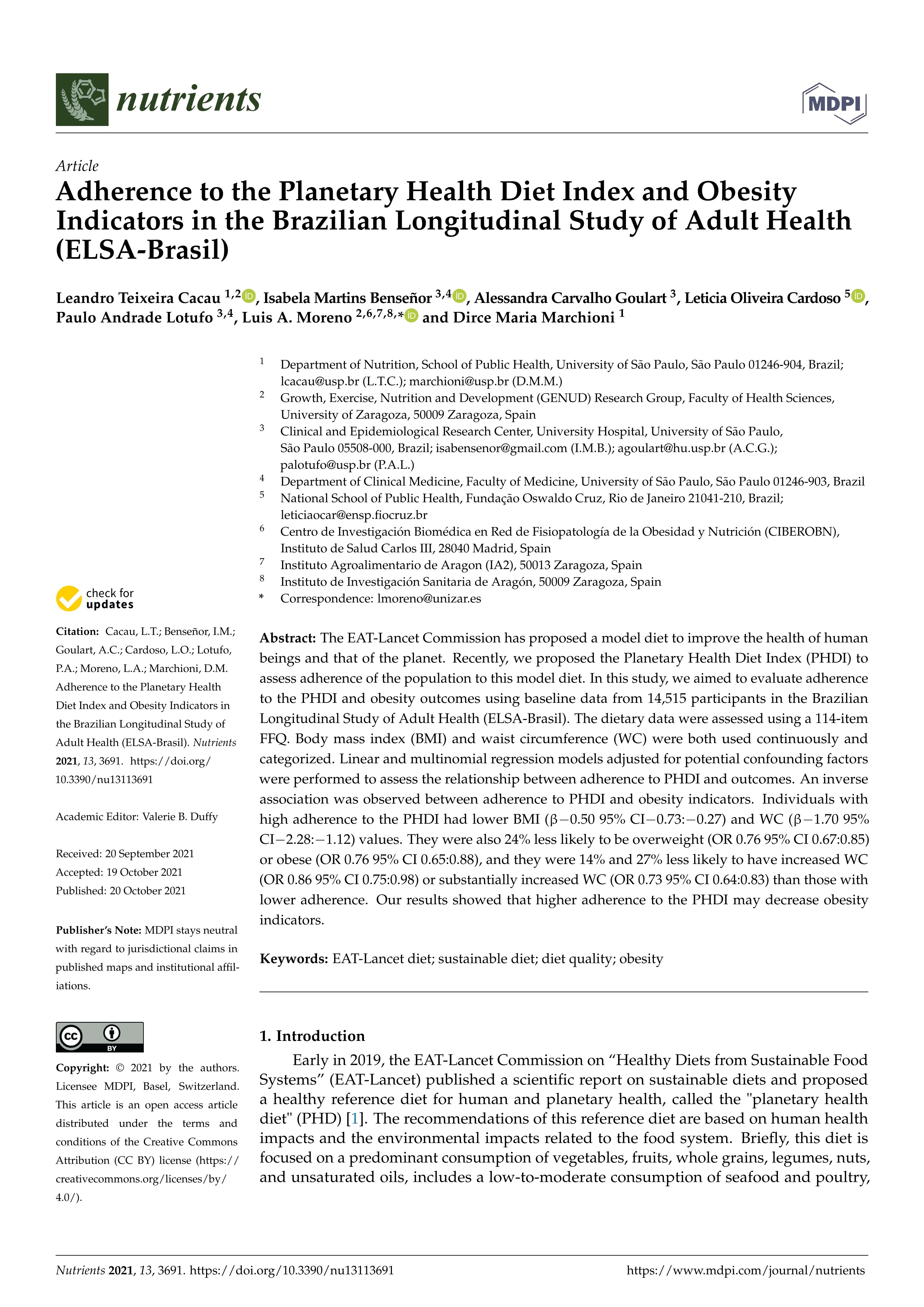 Adherence to the planetary health diet index and obesity indicators in the Brazilian longitudinal study of adult health (ELSA-Brasil)
