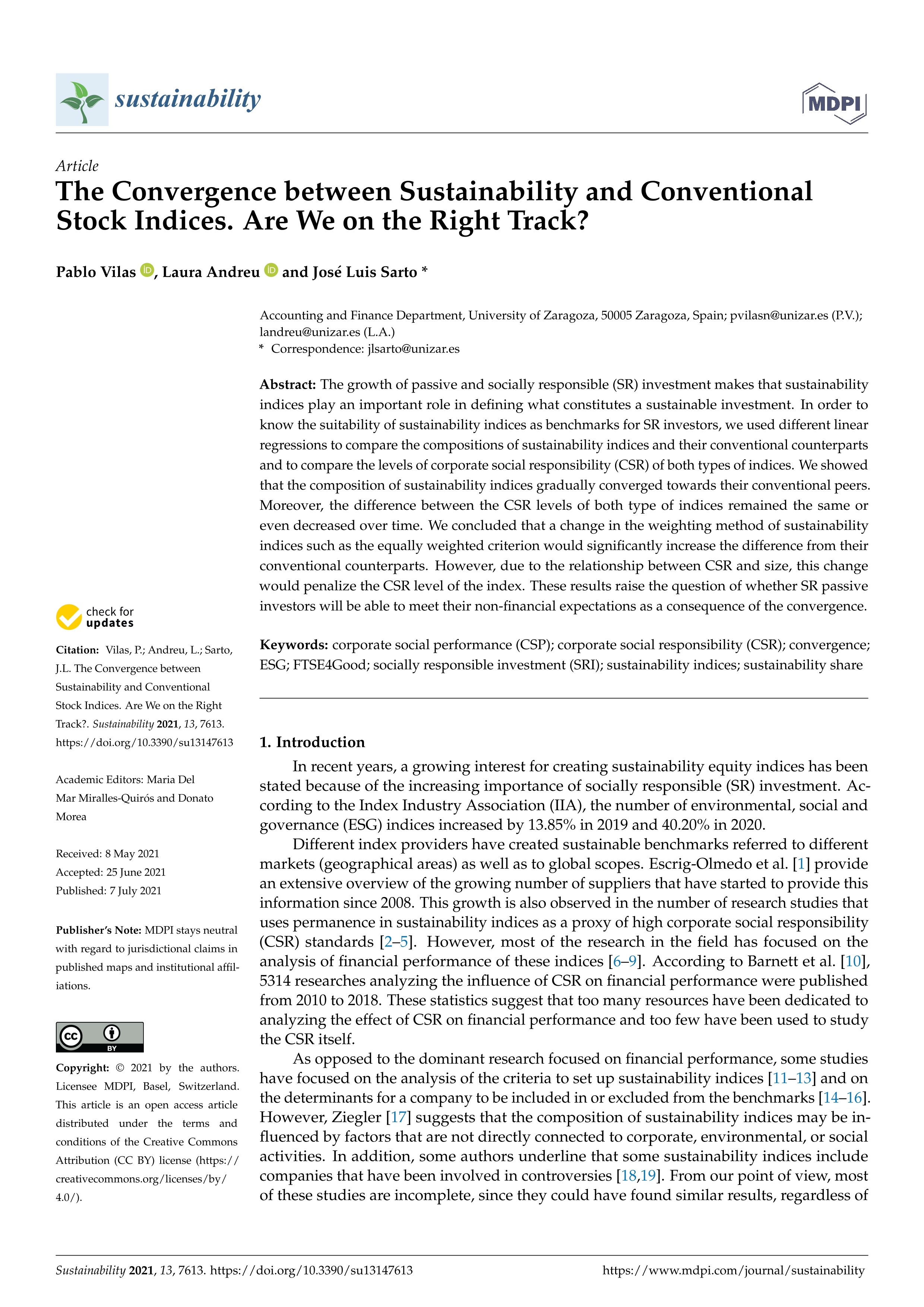 The convergence between sustainability and conventional stock indices. Are we on the right track?