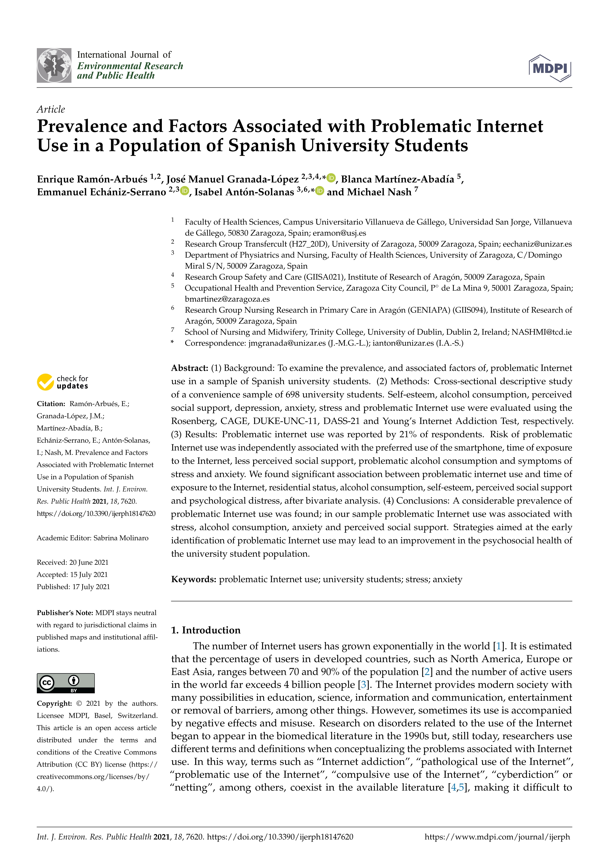 Prevalence and factors associated with problematic internet use in a population of spanish university students